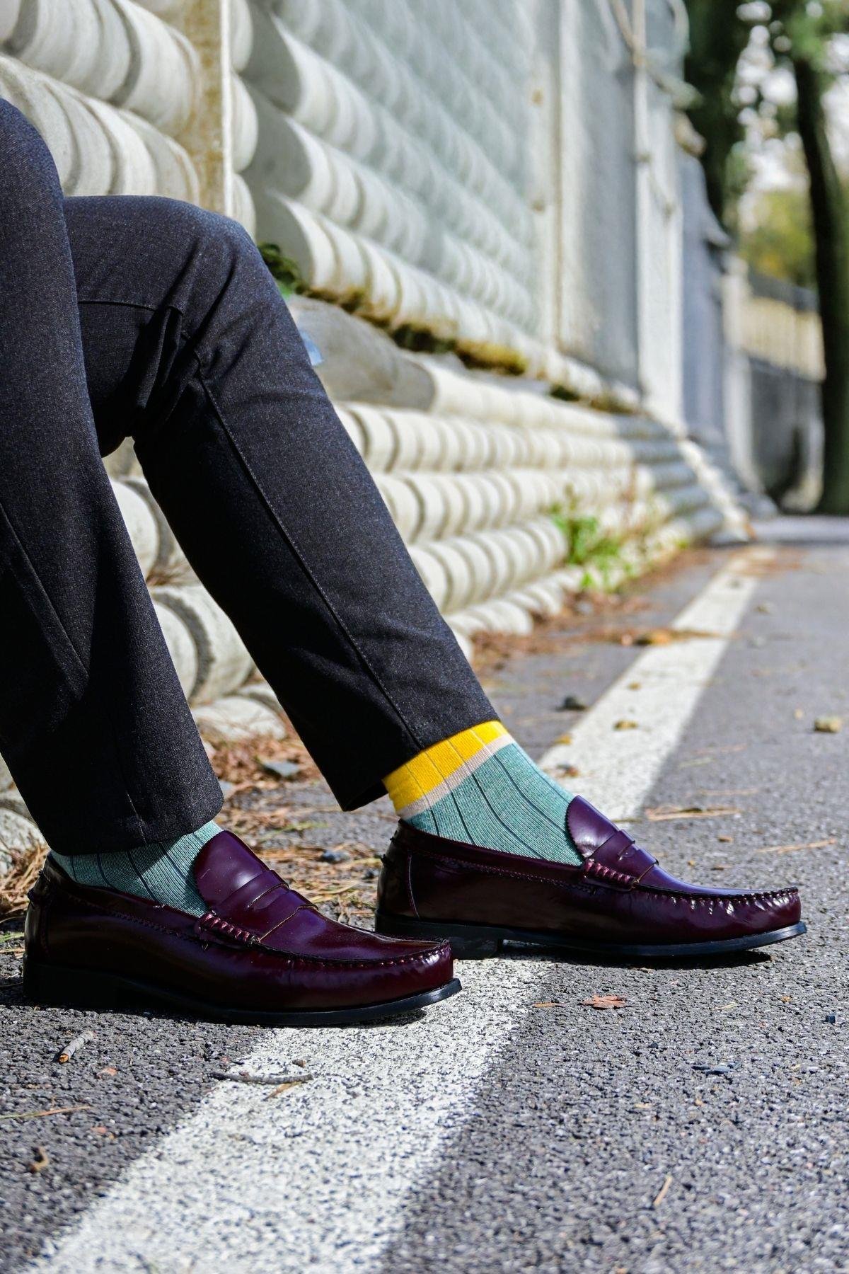 Erkek Mint-Sarı Blok Desenli Soket Çorap