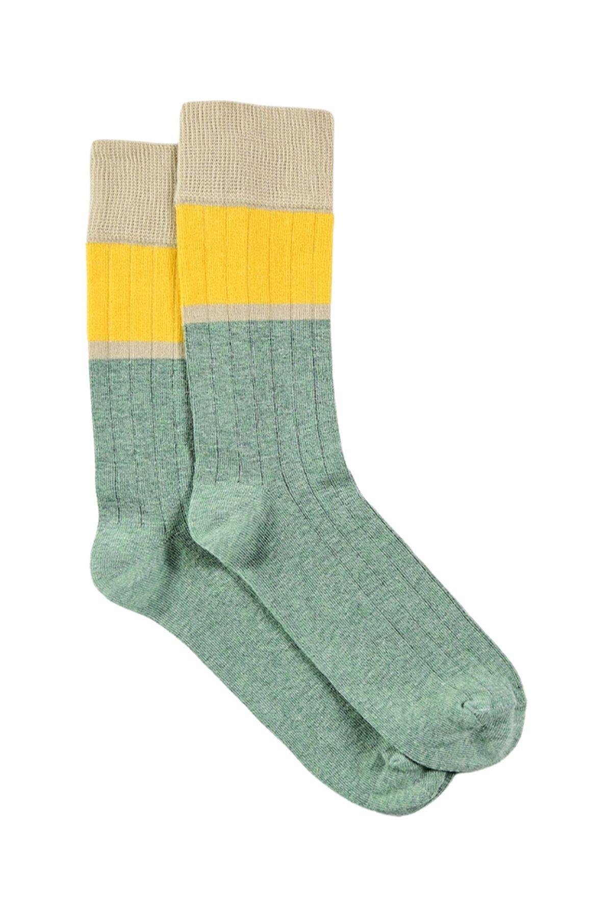 Erkek Mint-Sarı Blok Desenli Soket Çorap