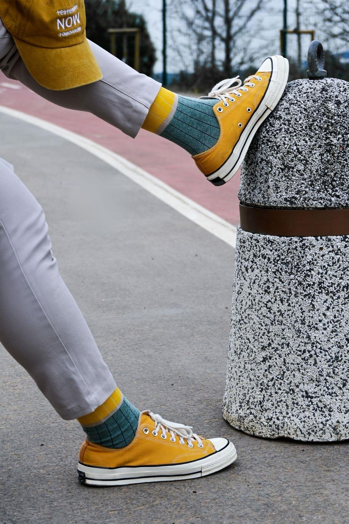 Erkek Mint-Sarı Blok Desenli Soket Çorap