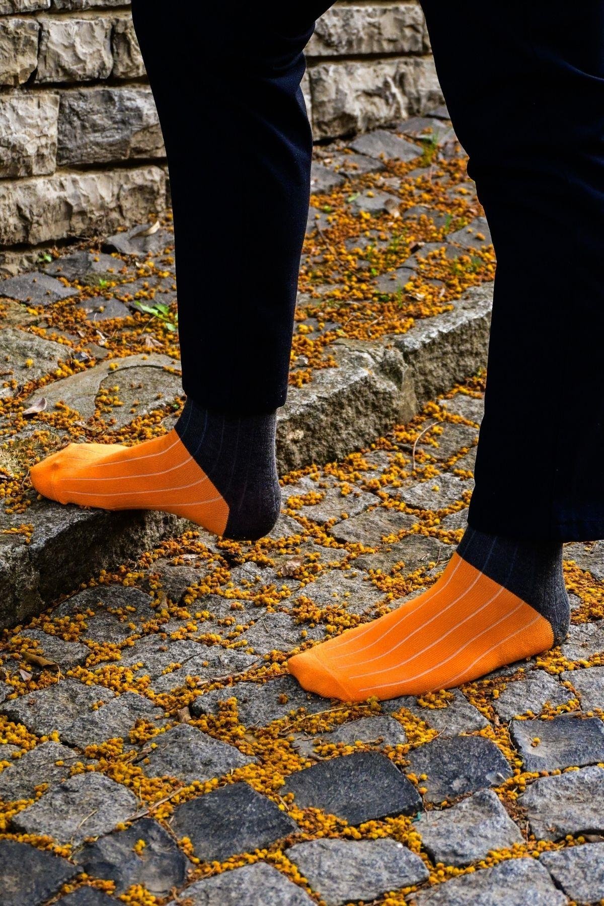 Erkek Turuncu-Lacivert Blok Desenli Soket Çorap