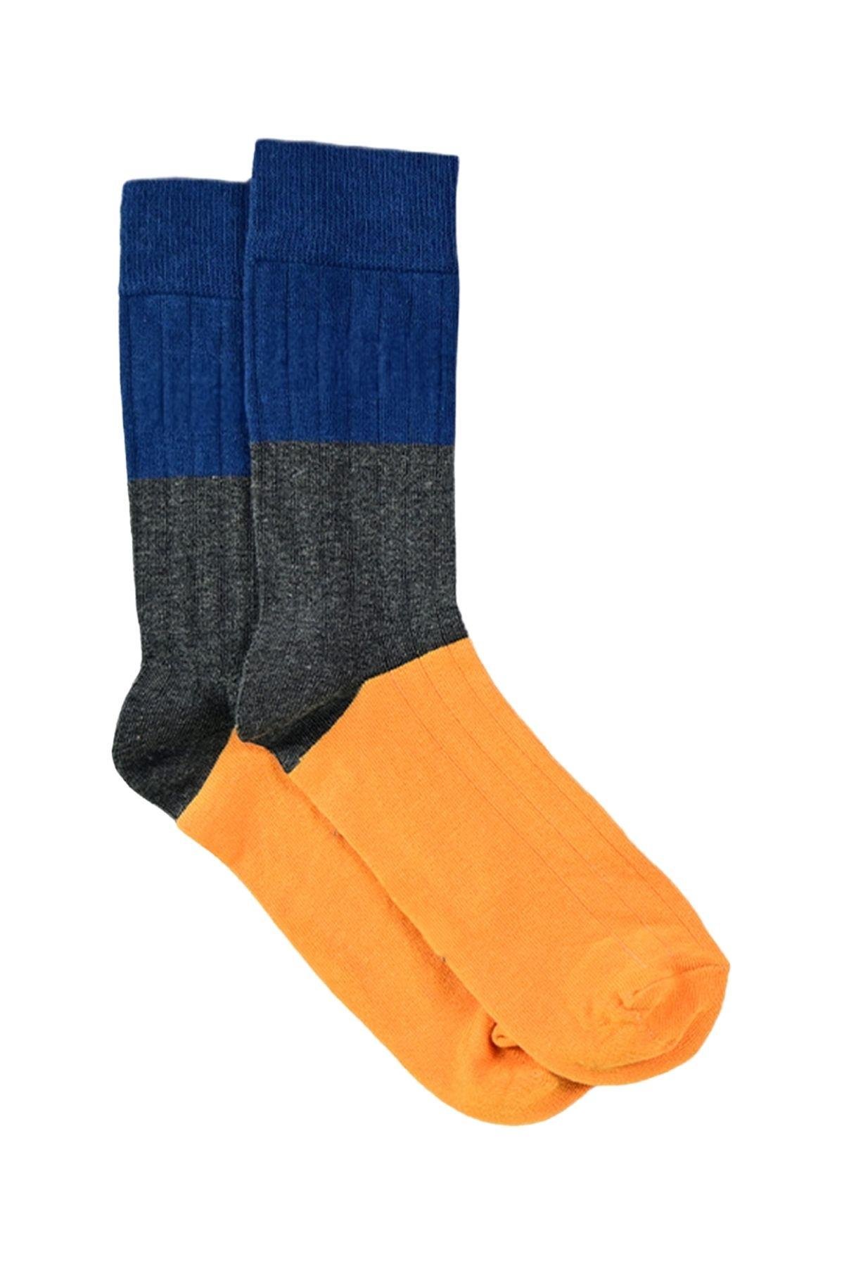 Erkek Turuncu-Lacivert Blok Desenli Soket Çorap