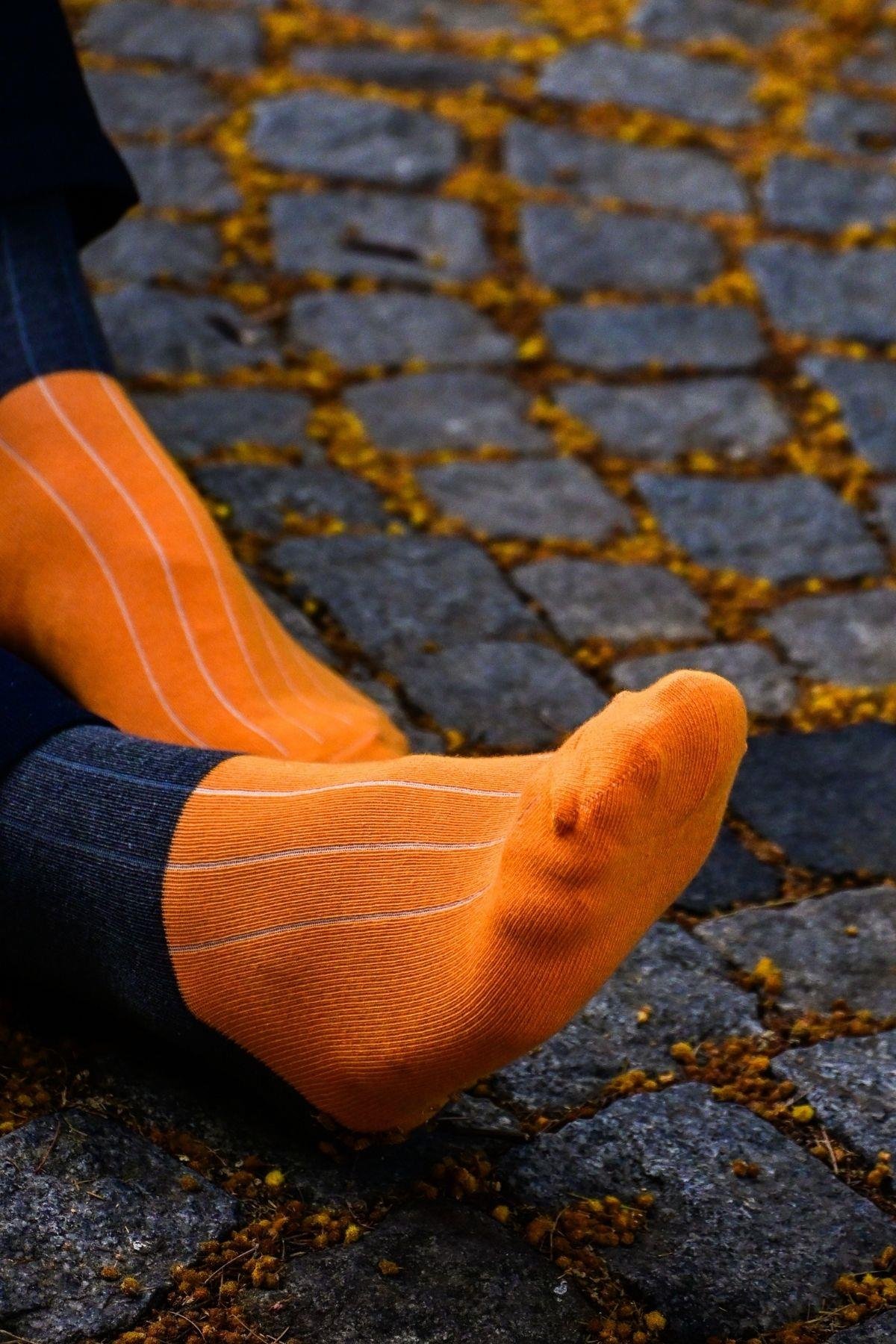 Erkek Turuncu-Lacivert Blok Desenli Soket Çorap