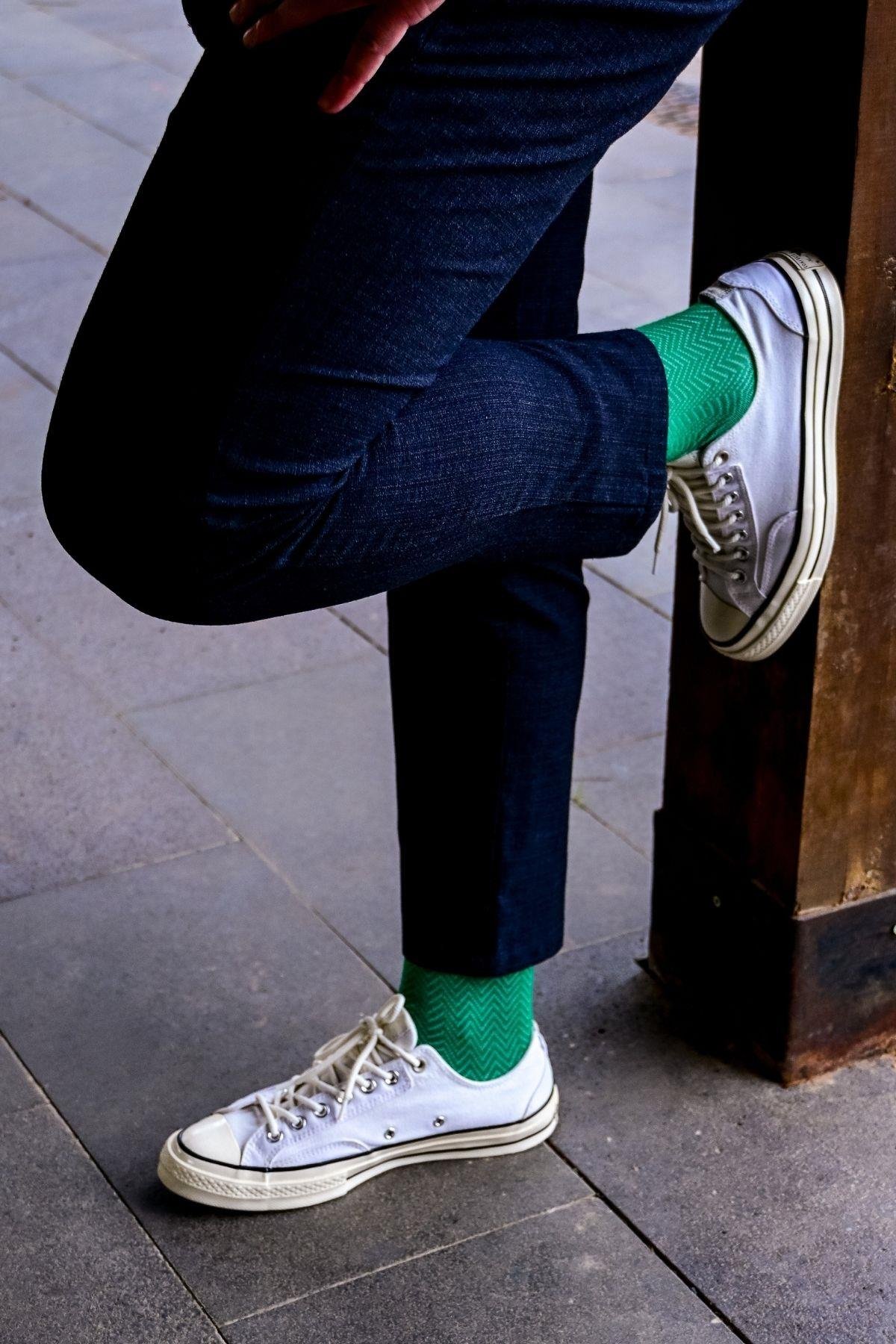 Erkek Yeşil-Bej Blok Desenli Soket Çorap