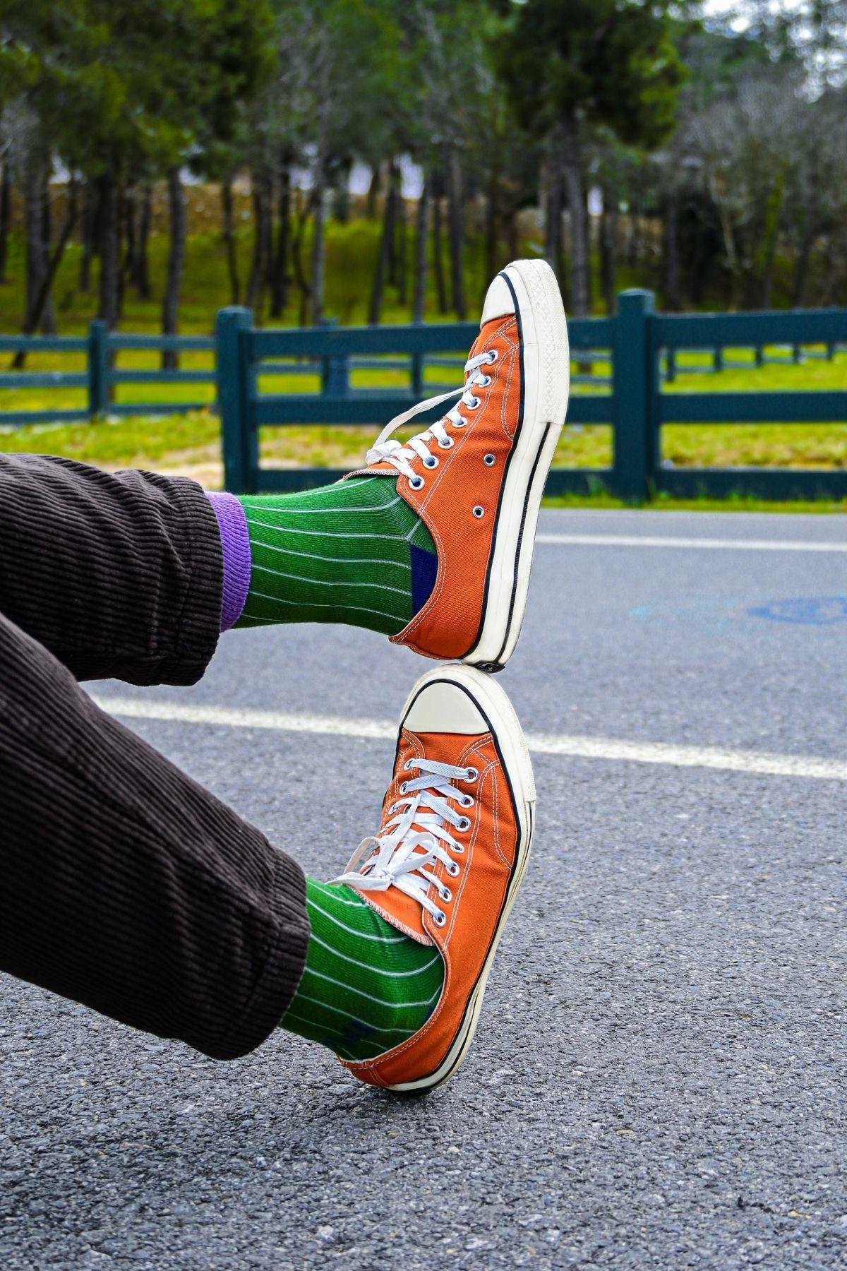 Erkek Yeşil-Mor Blok Desenli Soket Çorap