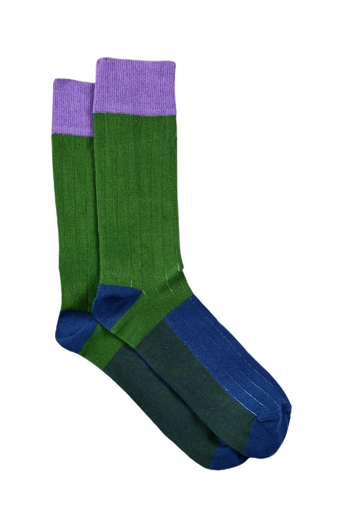Erkek Yeşil-Mor Blok Desenli Soket Çorap
