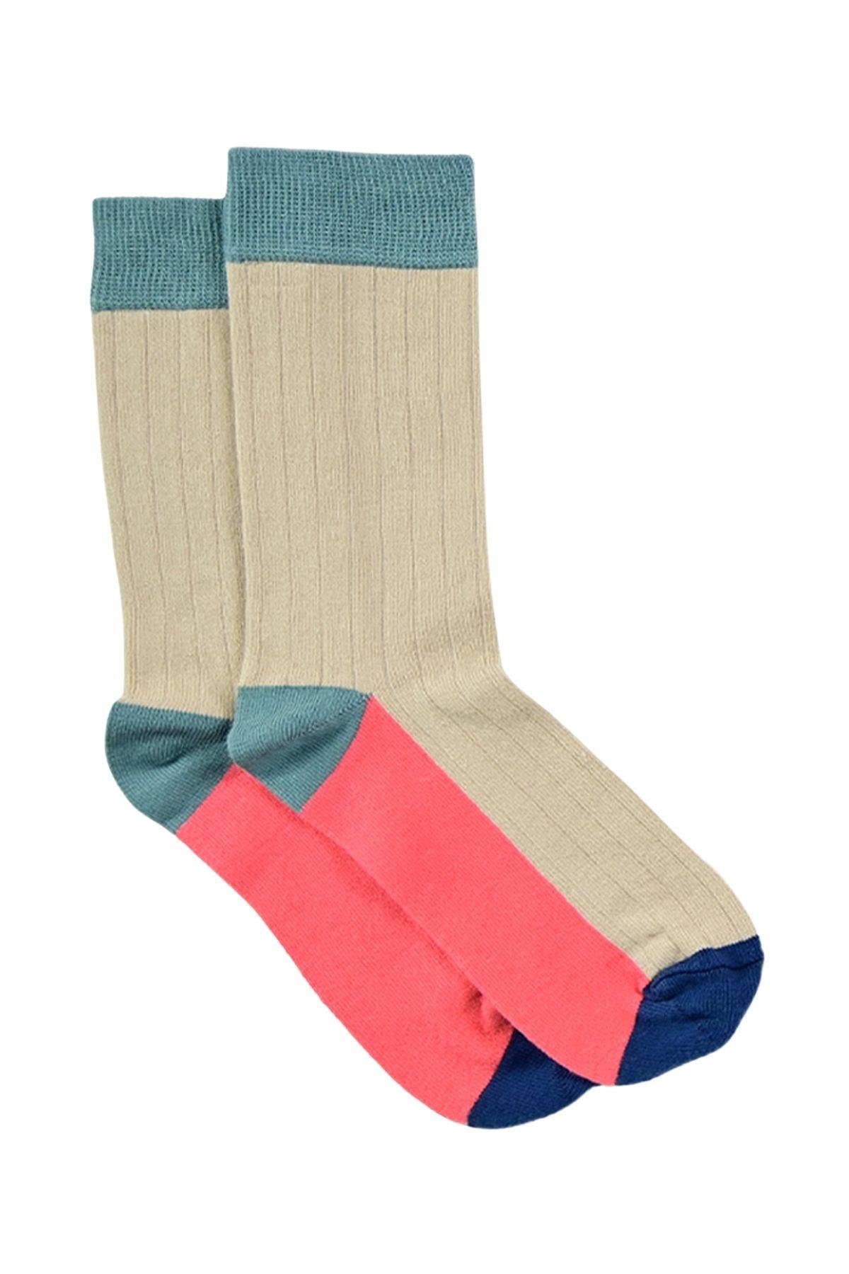 Kadın Bej-Mavi Blok Desenli Soket Çorap