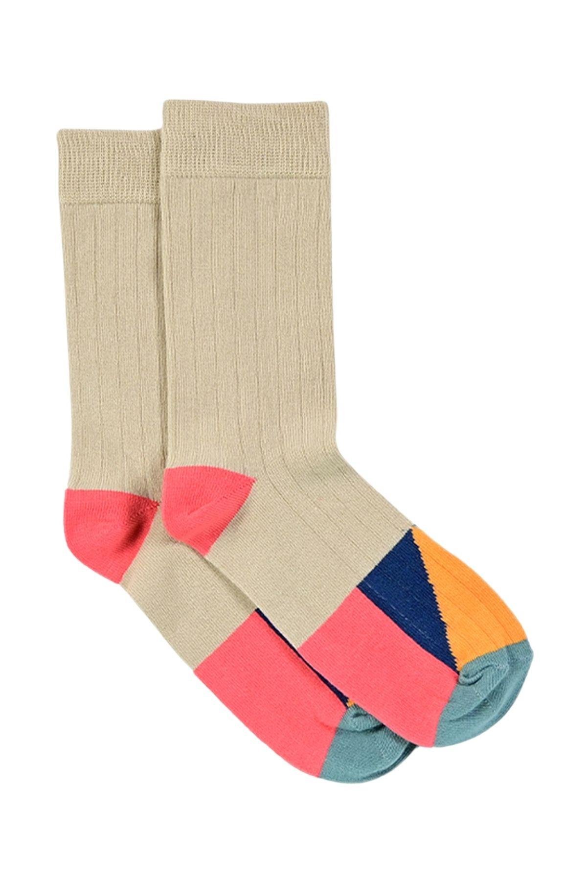 Kadın Bej-Pembe Blok Desenli Soket Çorap