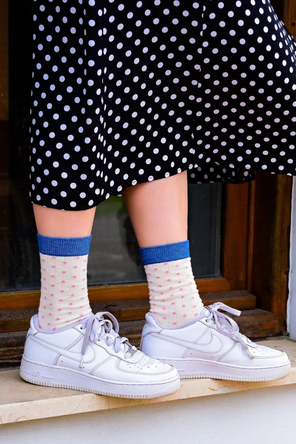 Kadın Bej-Pembe Puantiyeli Soket Çorap