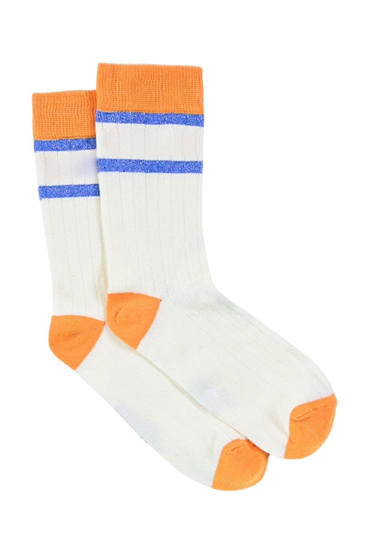 Kadın Bej-Turuncu Çizgili Soket Çorap