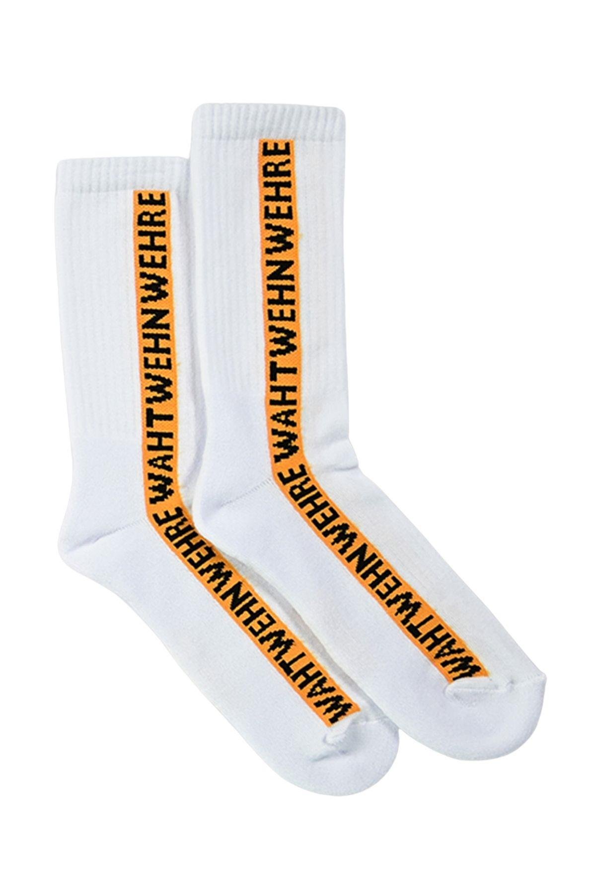 Kadın Beyaz-Turuncu Sloganlı Soket Çorap