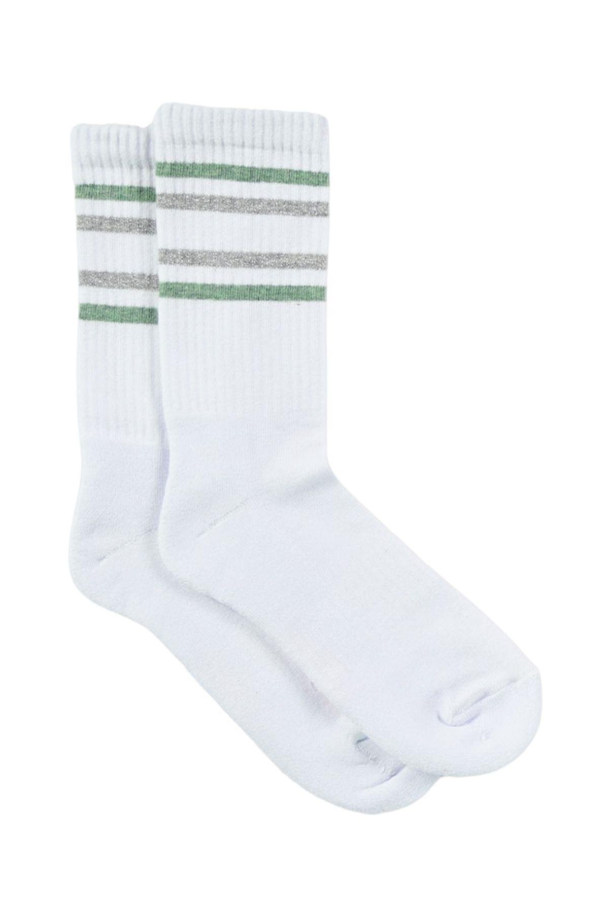Kadın Beyaz-Yeşil Çizgili Soket Çorap