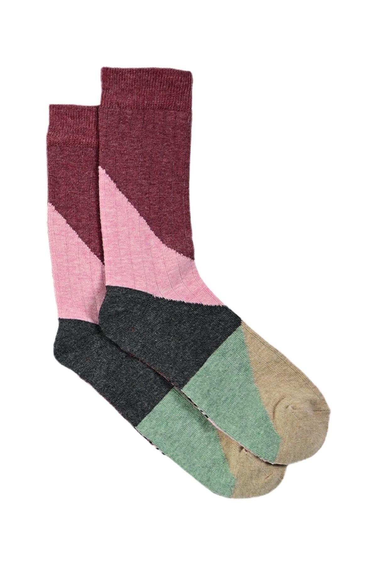 Kadın Bordo-Füme Blok Desenli Soket Çorap