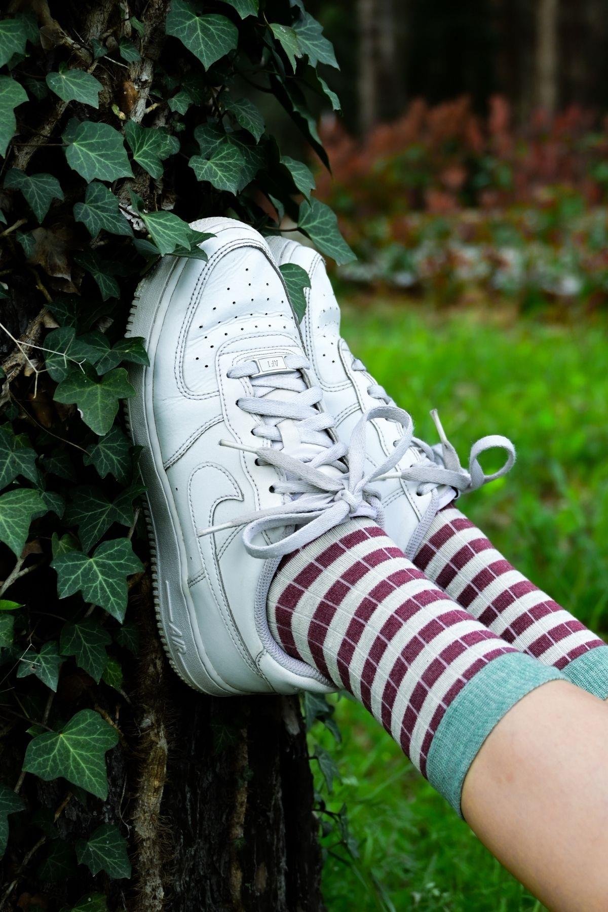 Kadın Bordo-Gri Çizgili Soket Çorap