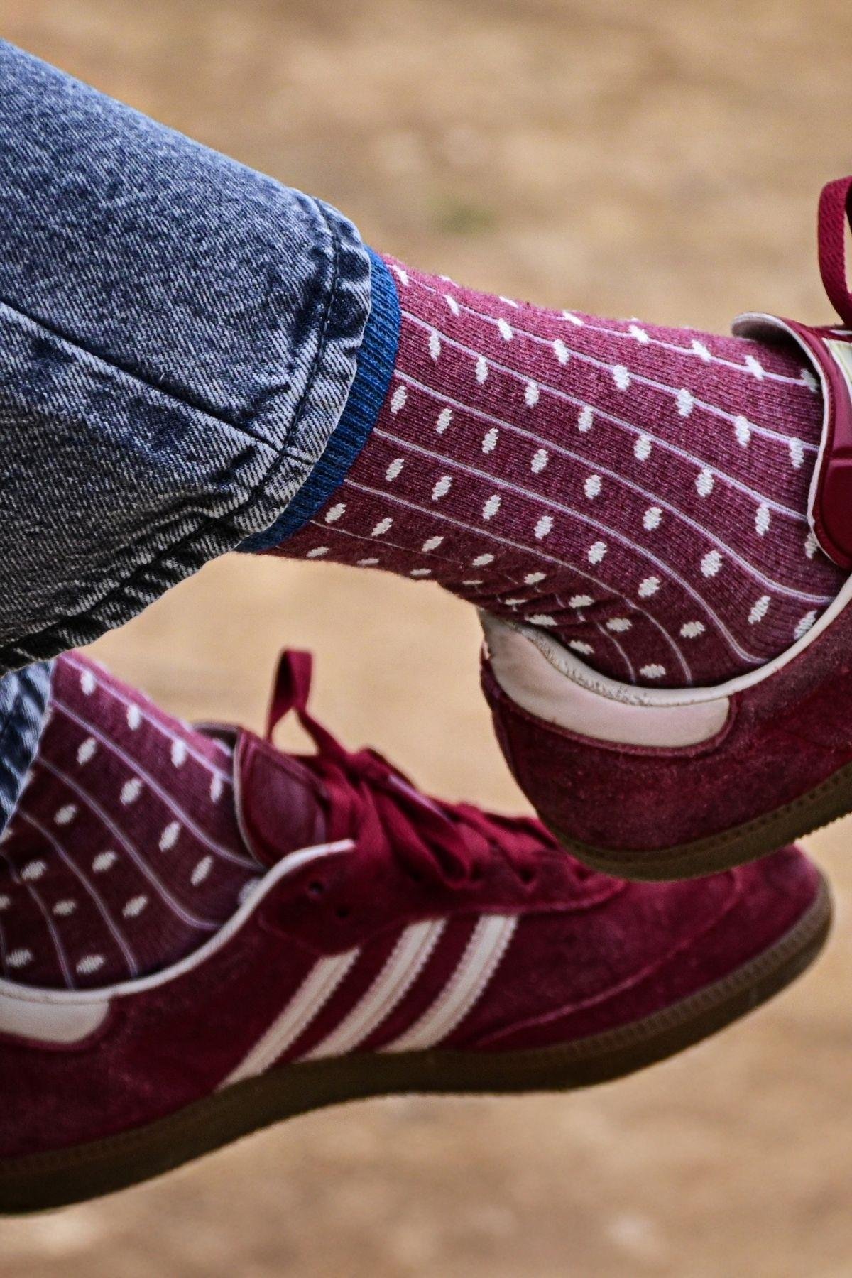 Kadın Bordo-Gri Puantiyeli Soket Çorap