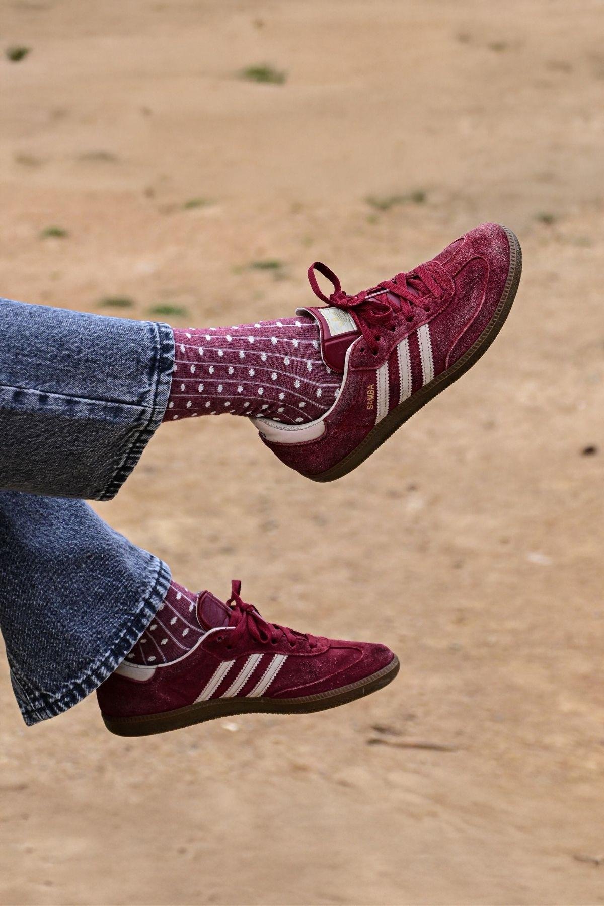 Kadın Bordo-Gri Puantiyeli Soket Çorap