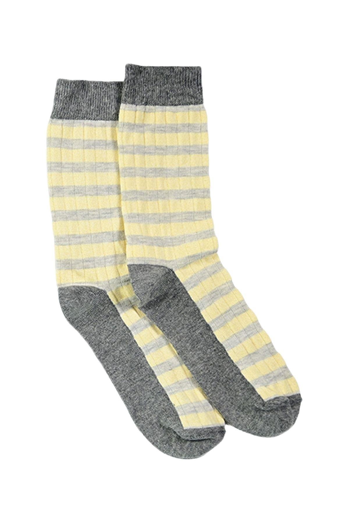 Kadın Gri-Sarı Çizgili Soket Çorap