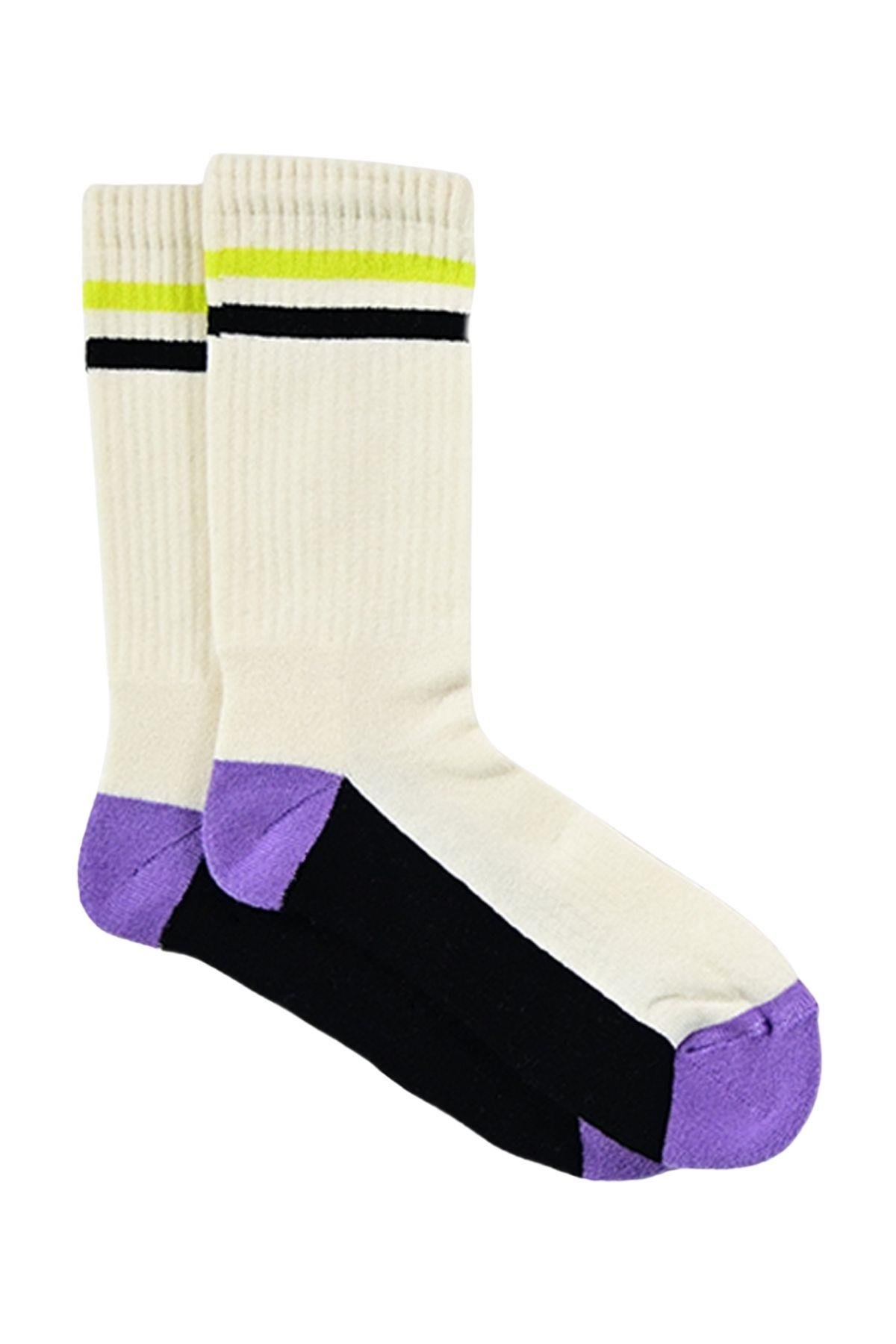Kadın Krem-Mor Çizgili Soket Çorap