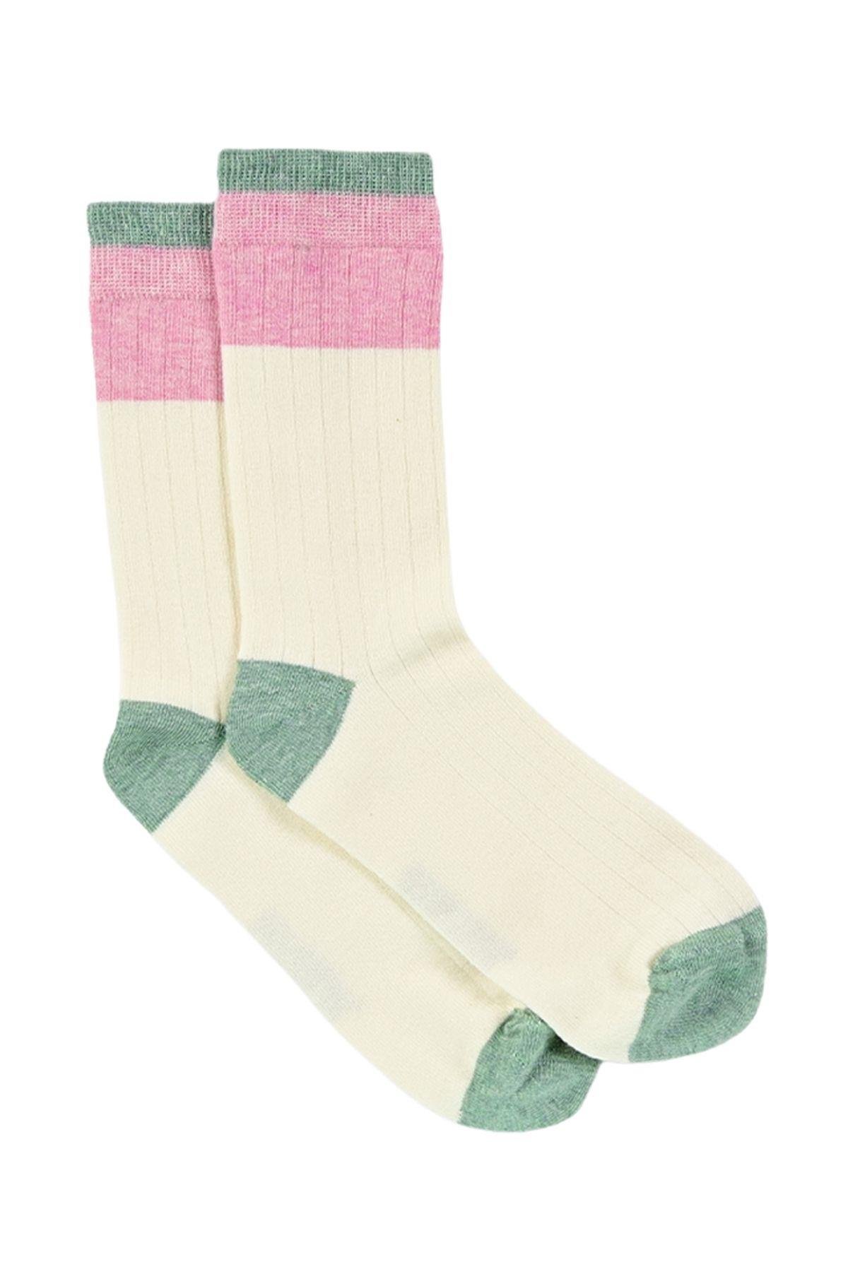 Kadın Krem-Pembe Blok Desenli Soket Çorap