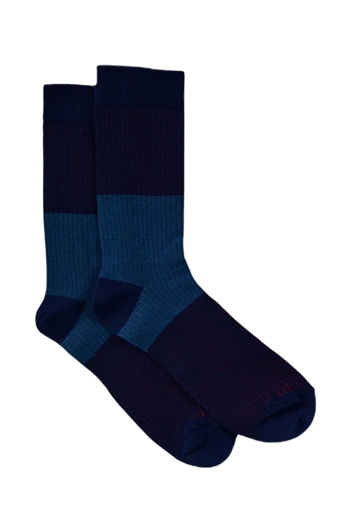 Kadın Lacivert-Mavi Blok Desenli Soket Çorap