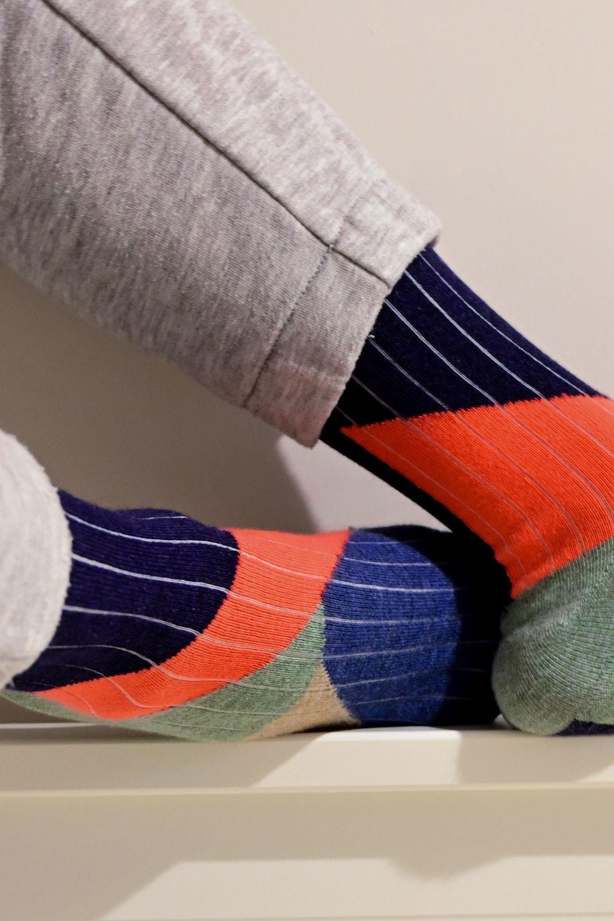 Kadın Lacivert-Pembe Blok Desenli Soket Çorap