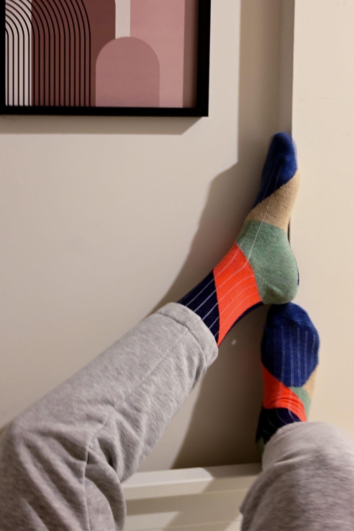 Kadın Lacivert-Pembe Blok Desenli Soket Çorap