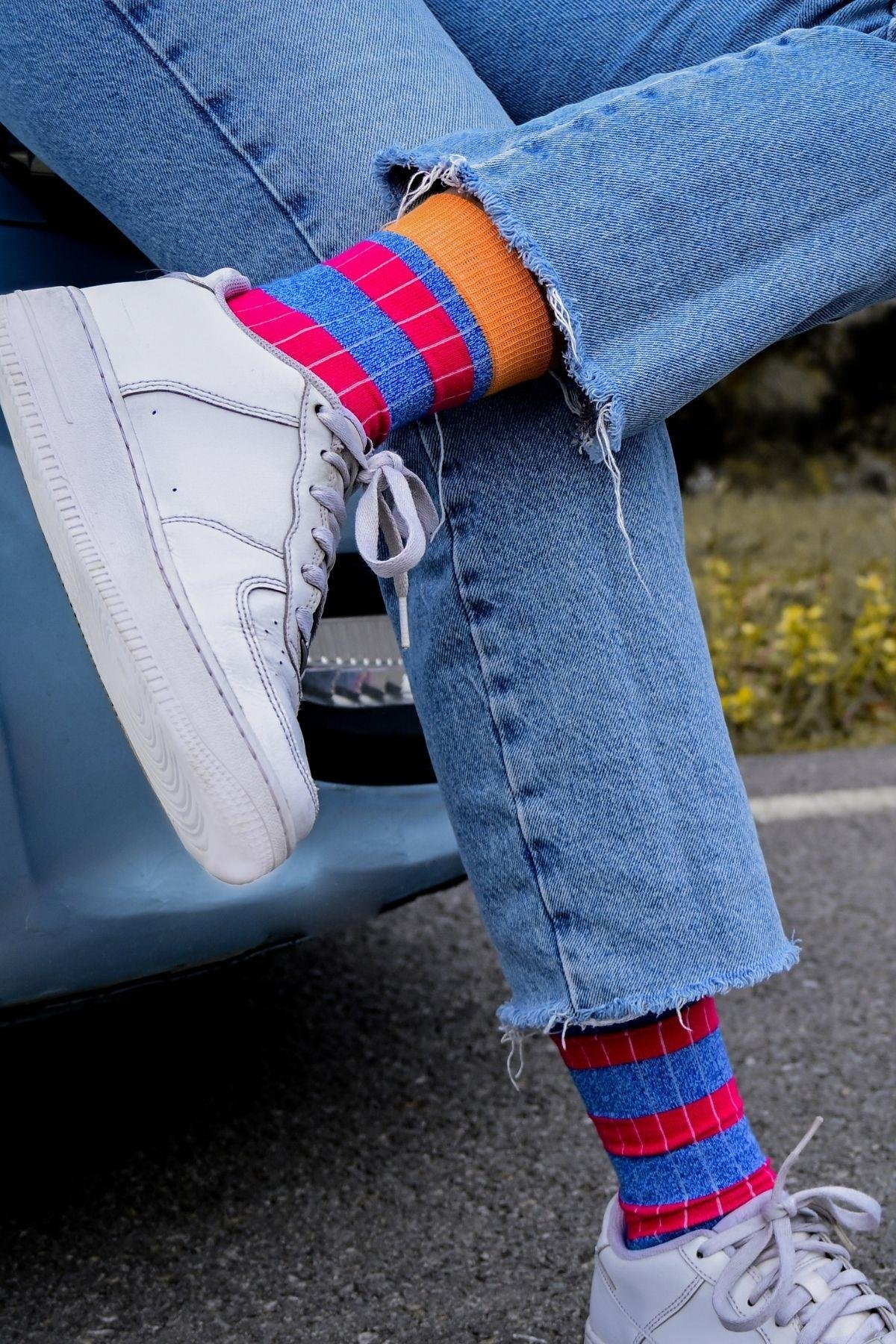 Kadın Mavi-Fuşya Çizgili Soket Çorap