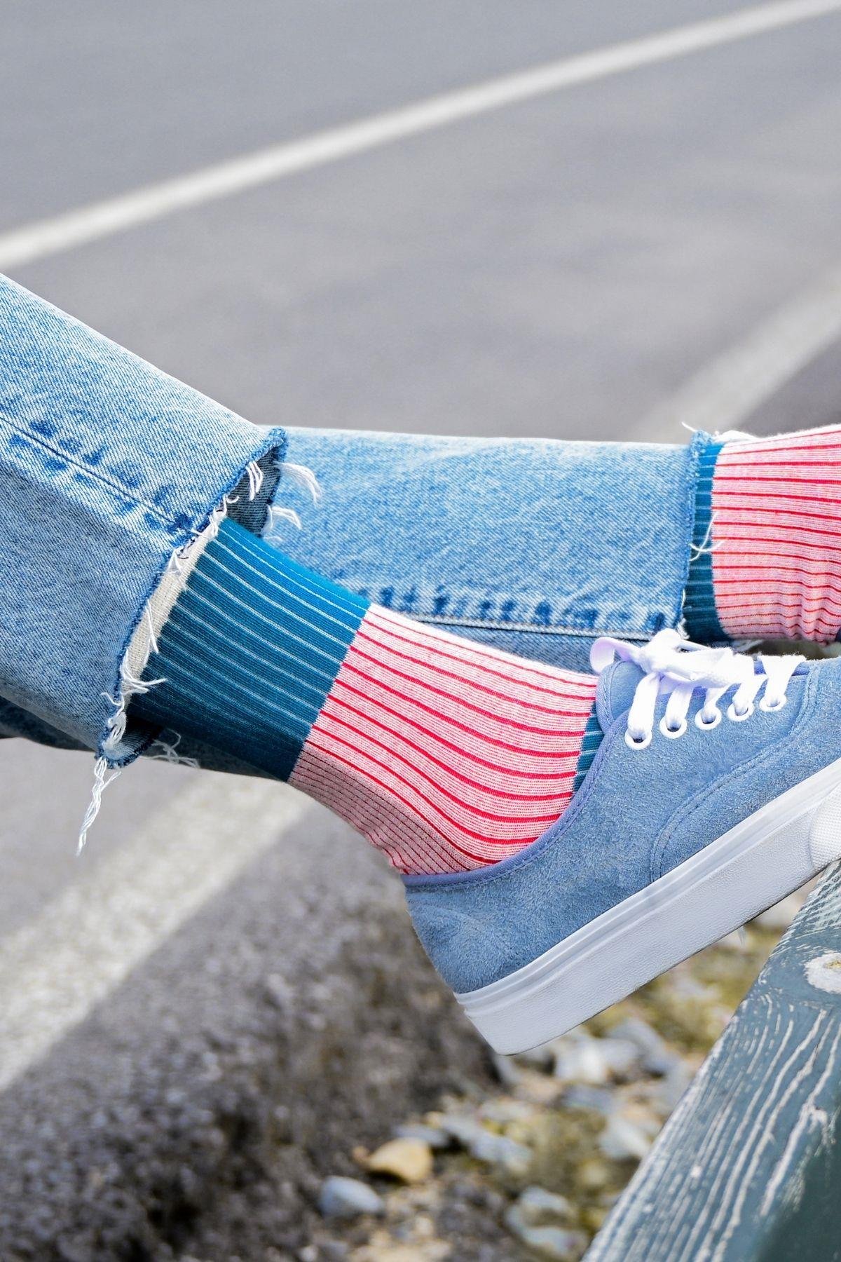 Kadın Mavi-Pembe Blok Desenli Soket Çorap