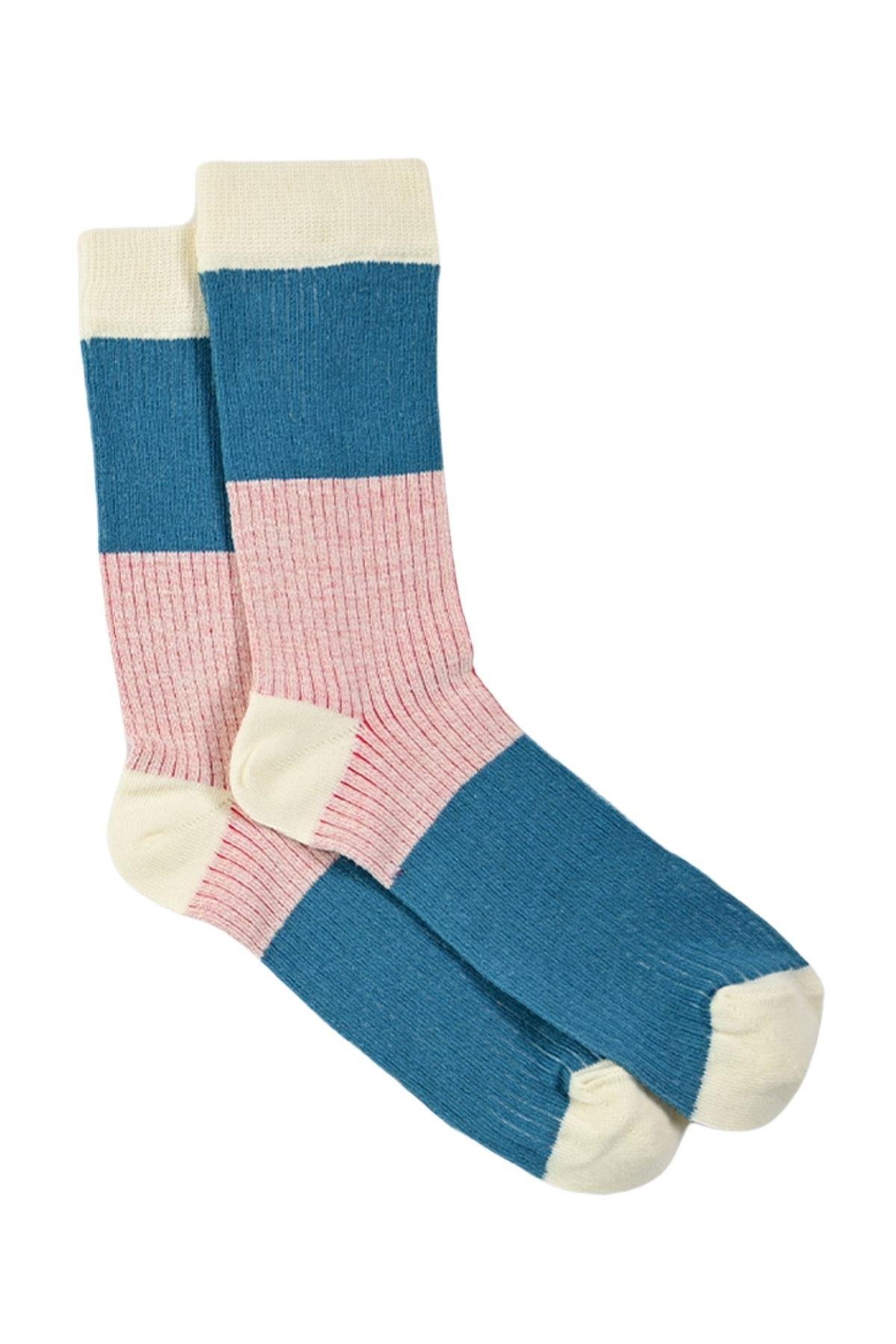 Kadın Mavi-Pembe Blok Desenli Soket Çorap