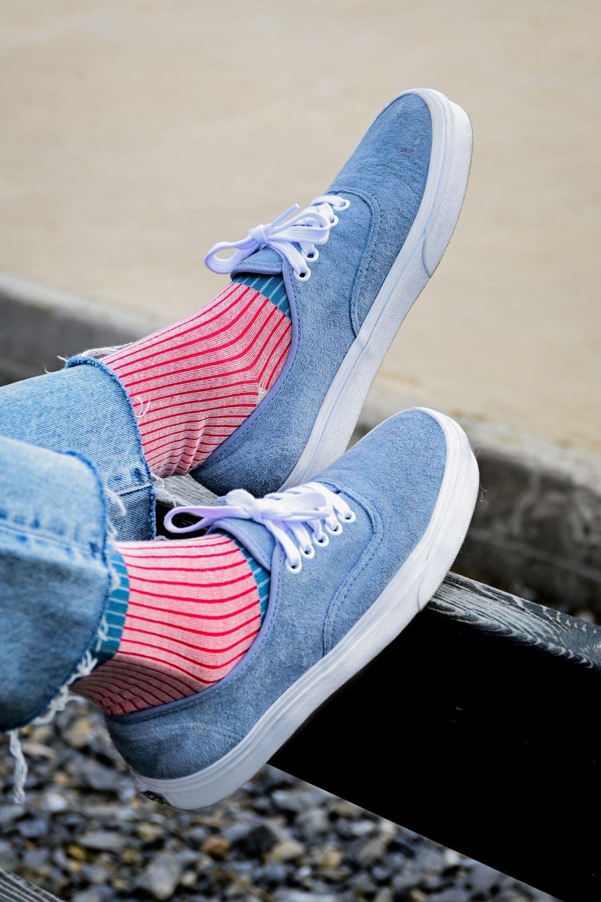 Kadın Mavi-Pembe Blok Desenli Soket Çorap