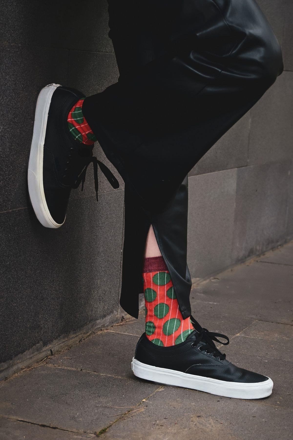 Kadın Mercan-Yeşil Puantiyeli Soket Çorap