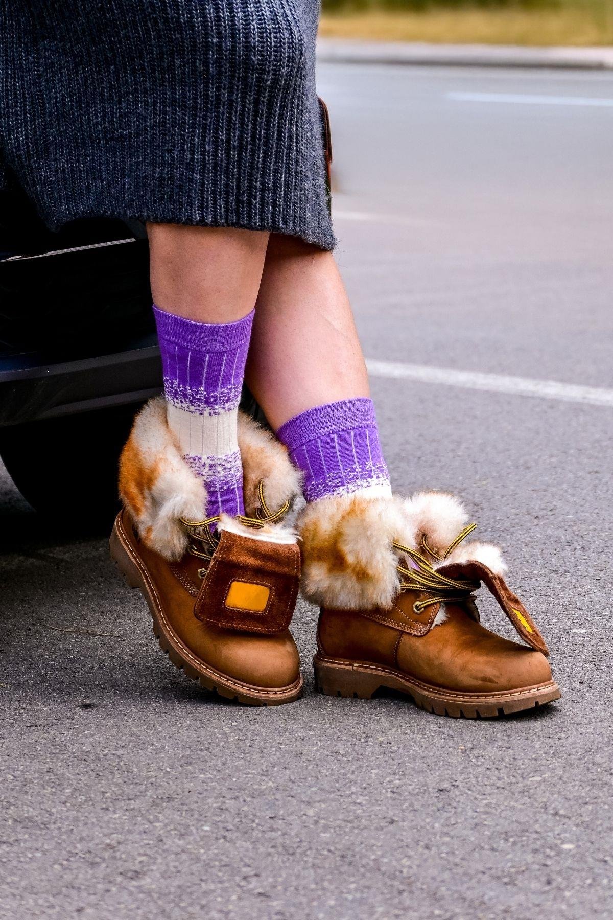 Kadın Mor-Krem Desenli Soket Çorap