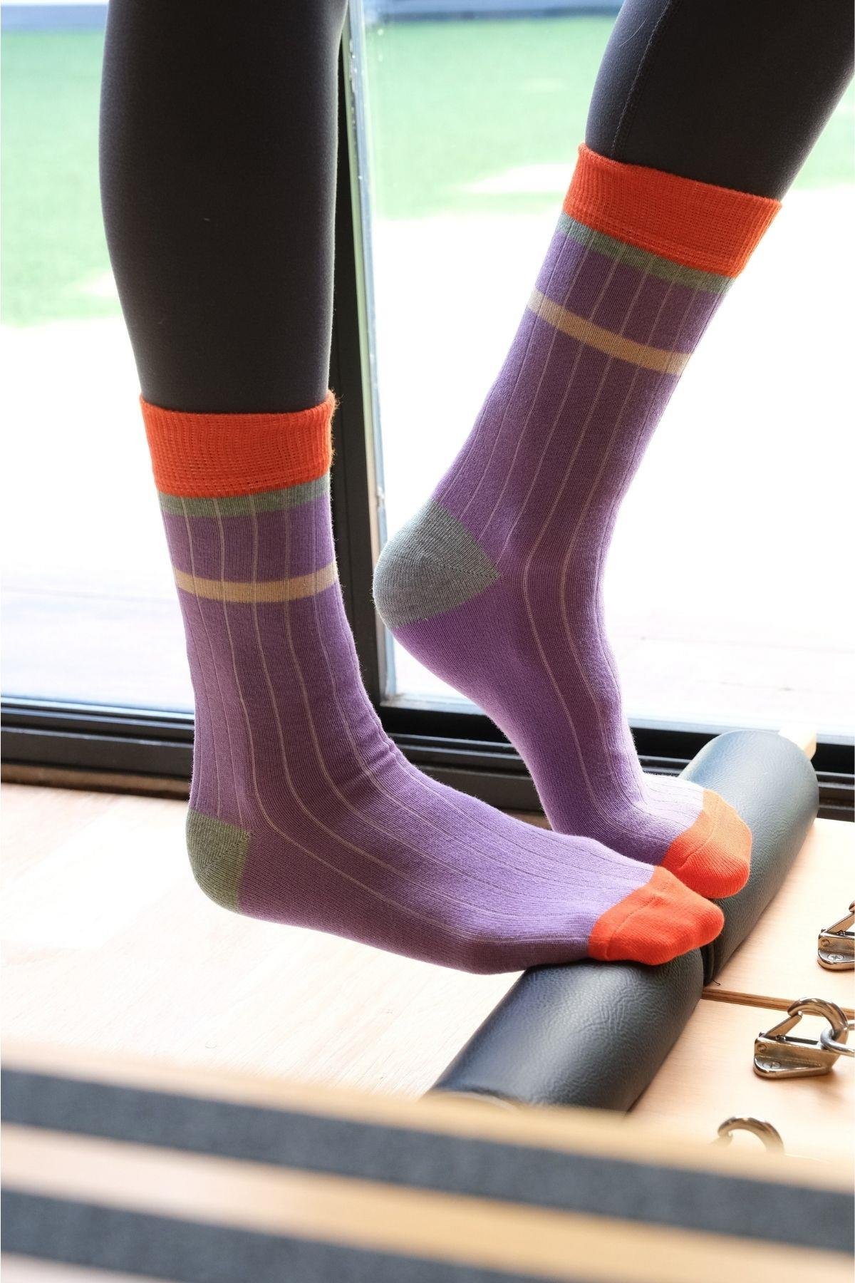 Kadın Mor-Mint Çizgili Soket Çorap