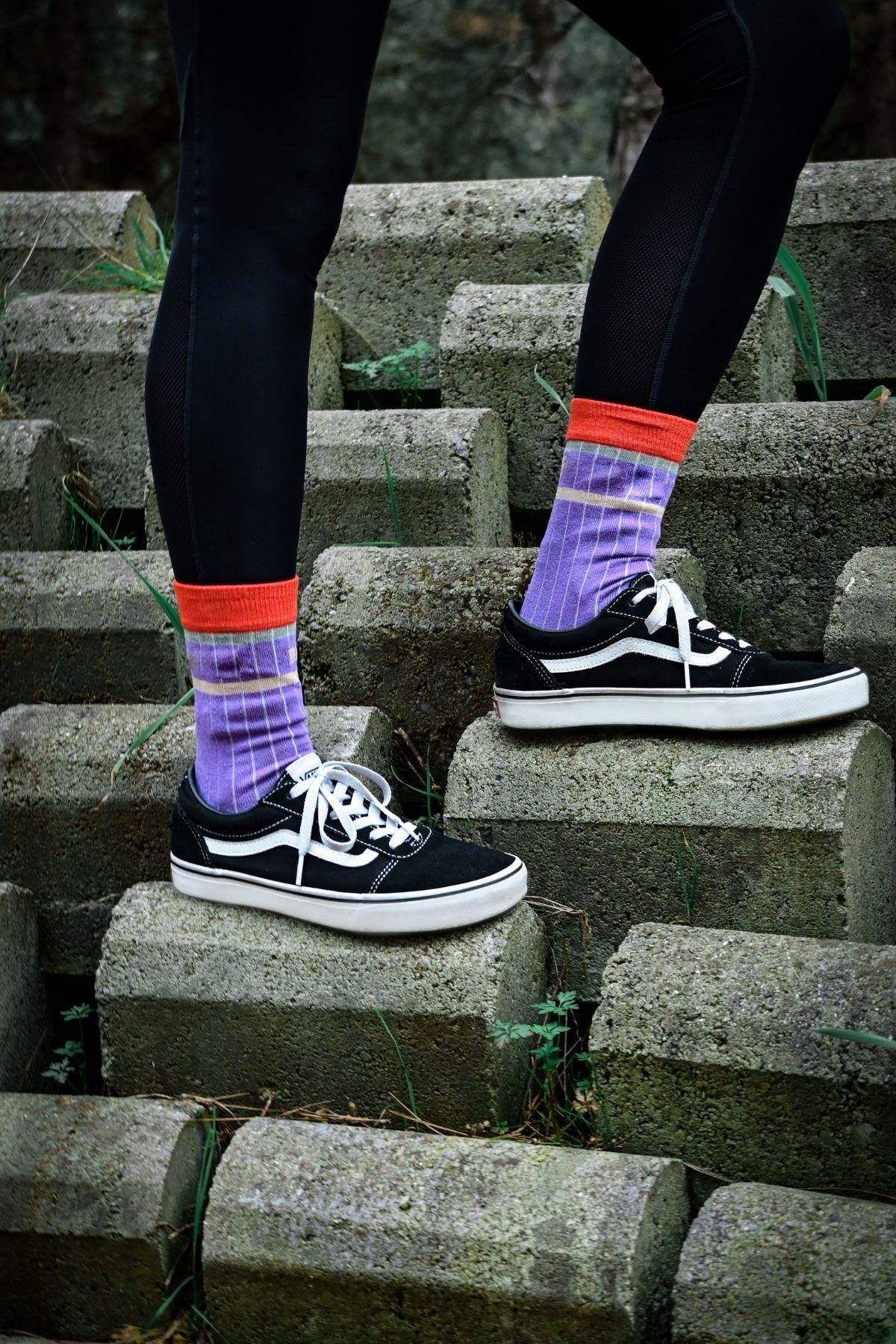 Kadın Mor-Mint Çizgili Soket Çorap