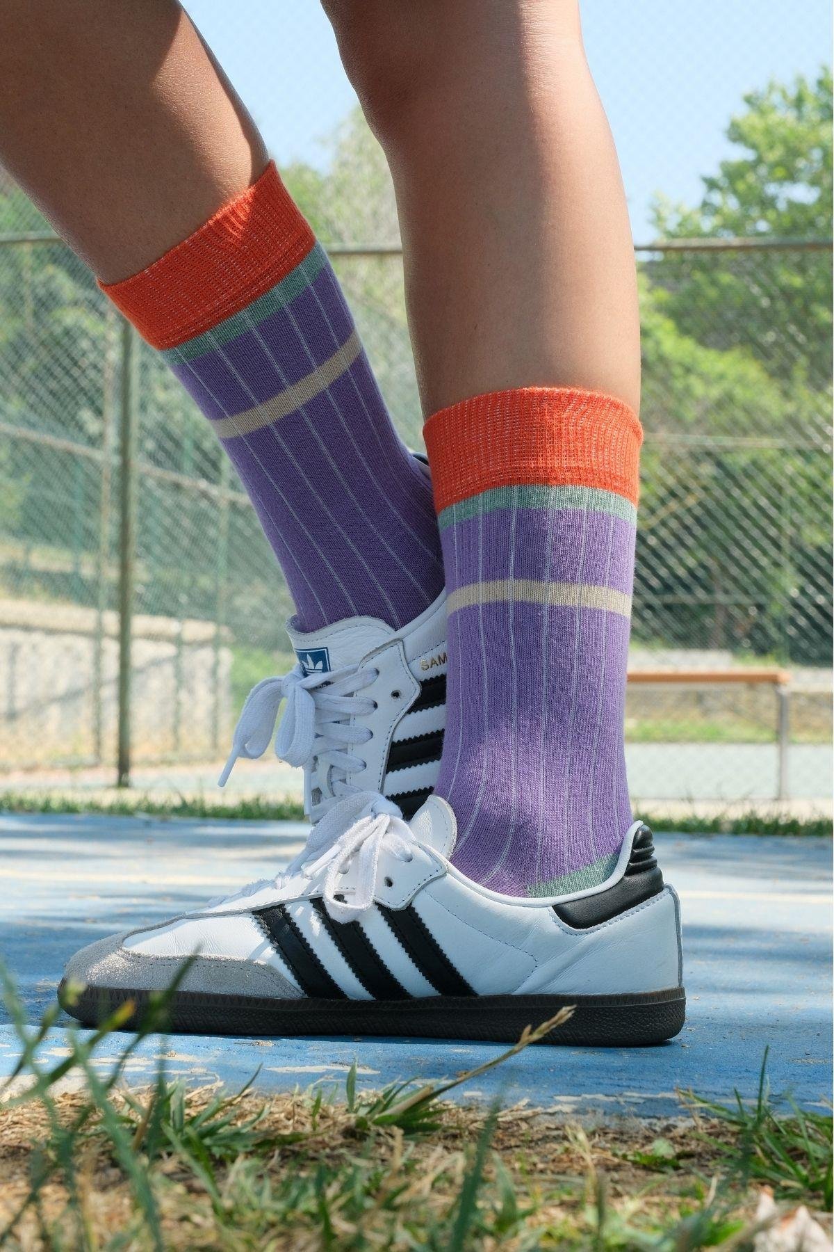 Kadın Mor-Mint Çizgili Soket Çorap
