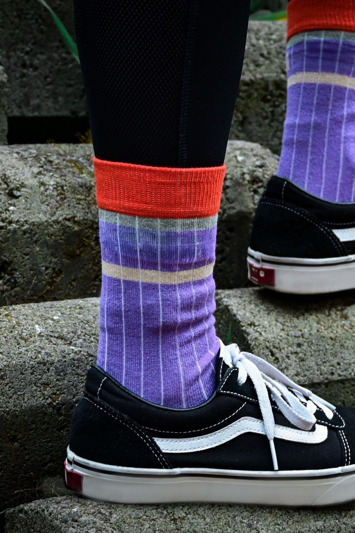 Kadın Mor-Mint Çizgili Soket Çorap