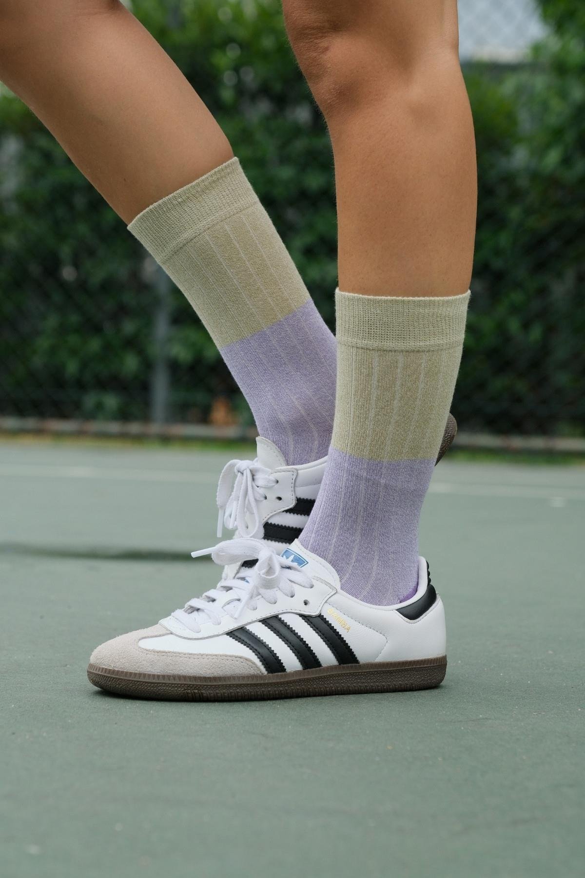 Kadın Mor-Yeşil Blok Desenli Soket Çorap