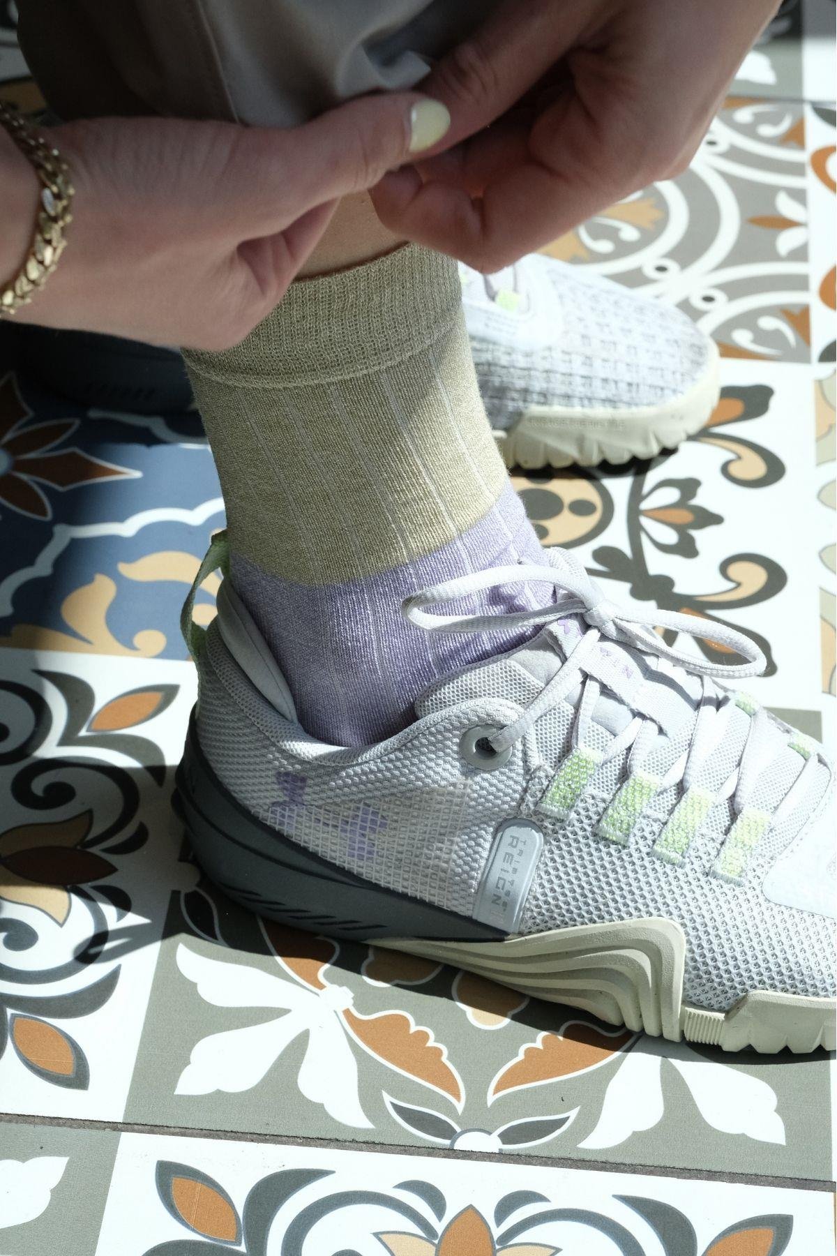 Kadın Mor-Yeşil Blok Desenli Soket Çorap