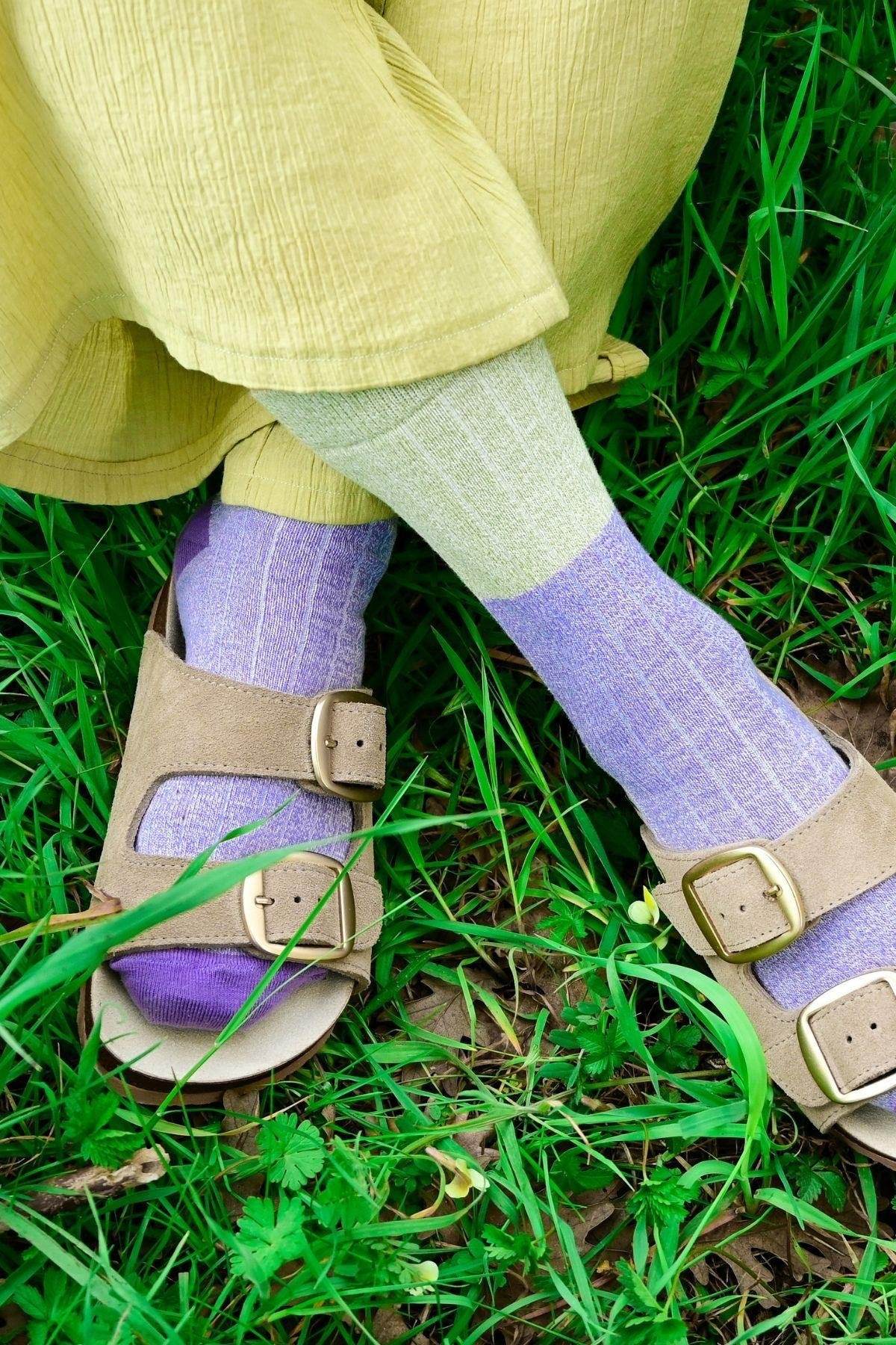 Kadın Mor-Yeşil Blok Desenli Soket Çorap