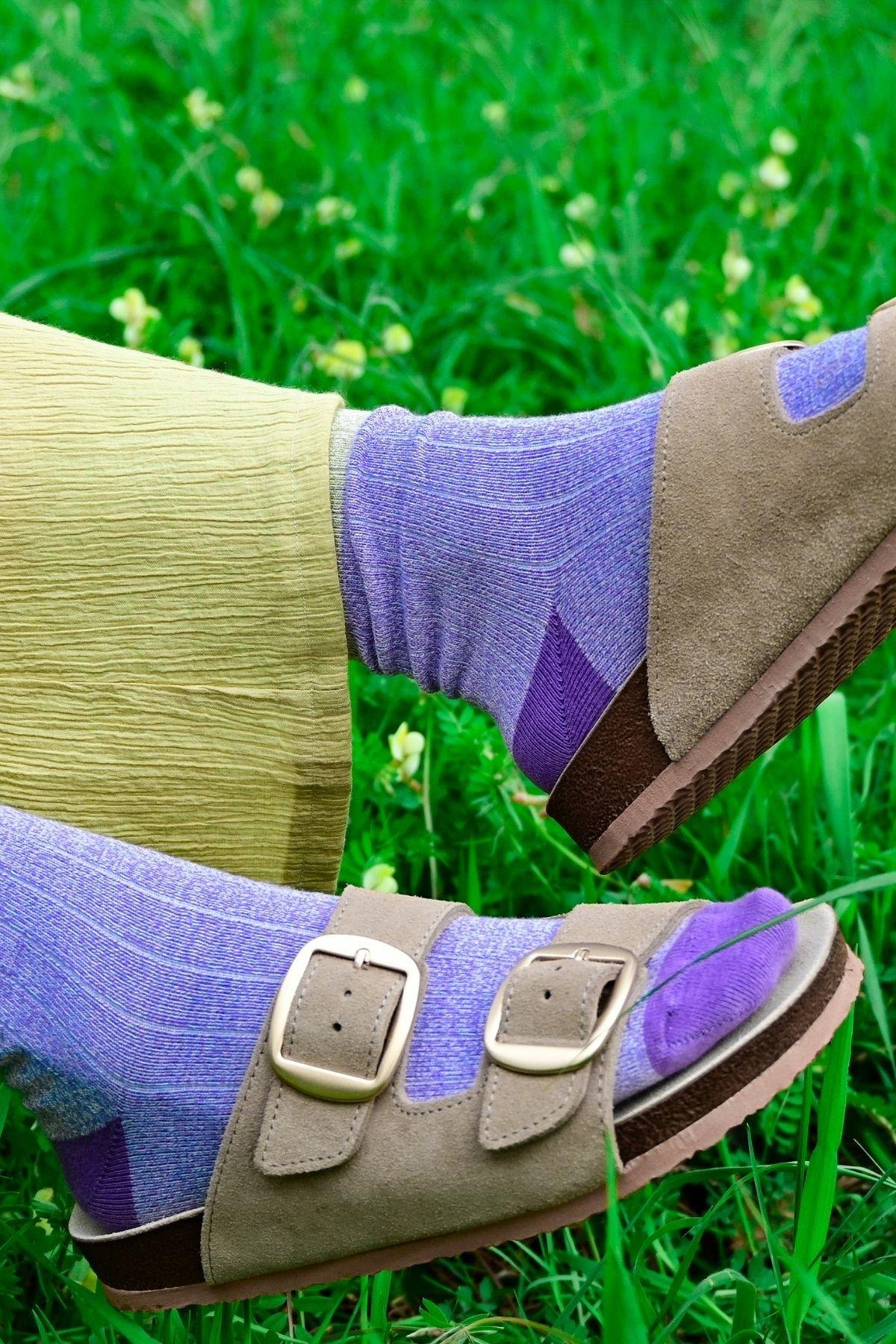 Kadın Mor-Yeşil Blok Desenli Soket Çorap