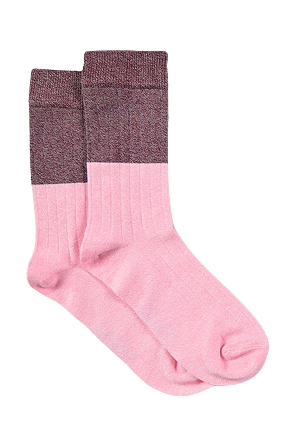 Kadın Pembe-Bordo Blok Desenli Soket Çorap