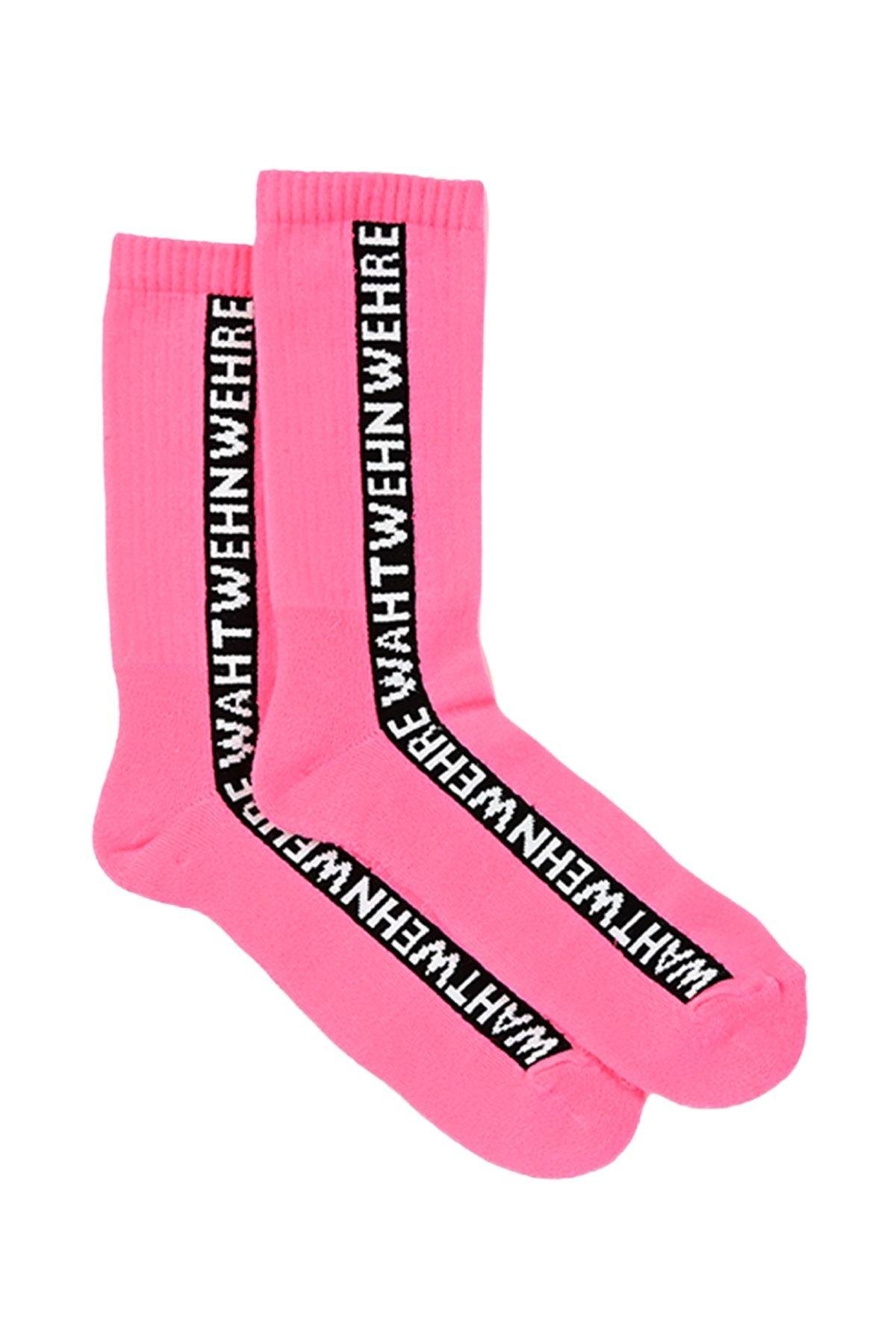 Kadın Pembe-Siyah Sloganlı Soket Çorap