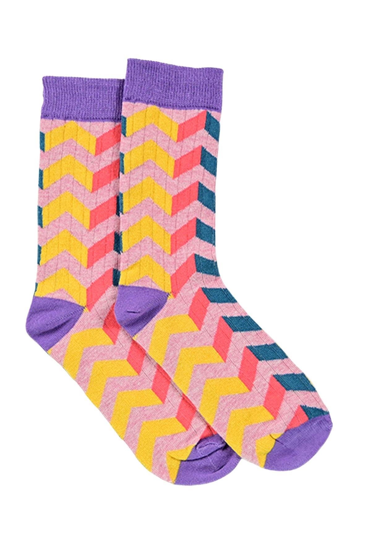 Kadın Sarı-Mor Zikzak Desenli Soket Çorap