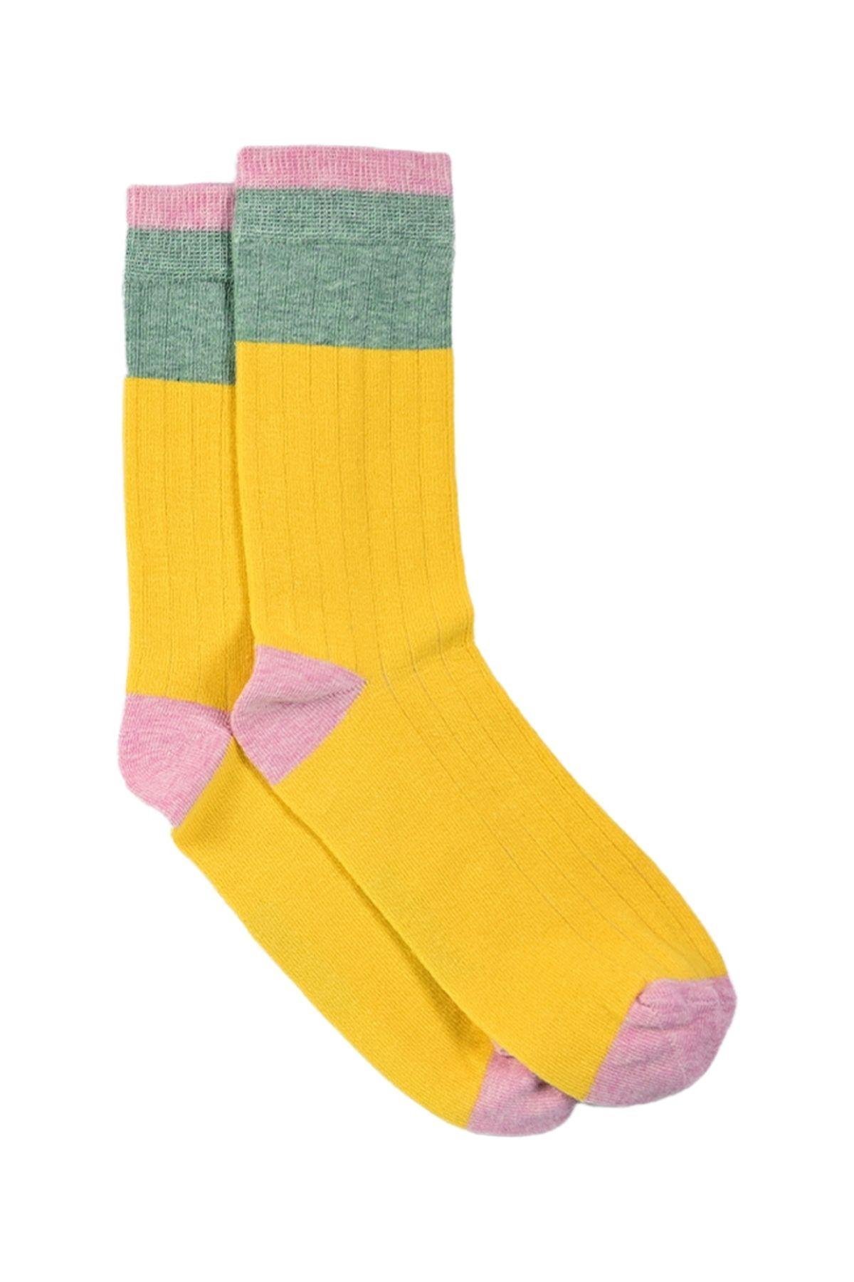 Kadın Sarı-Yeşil Blok Desenli Soket Çorap