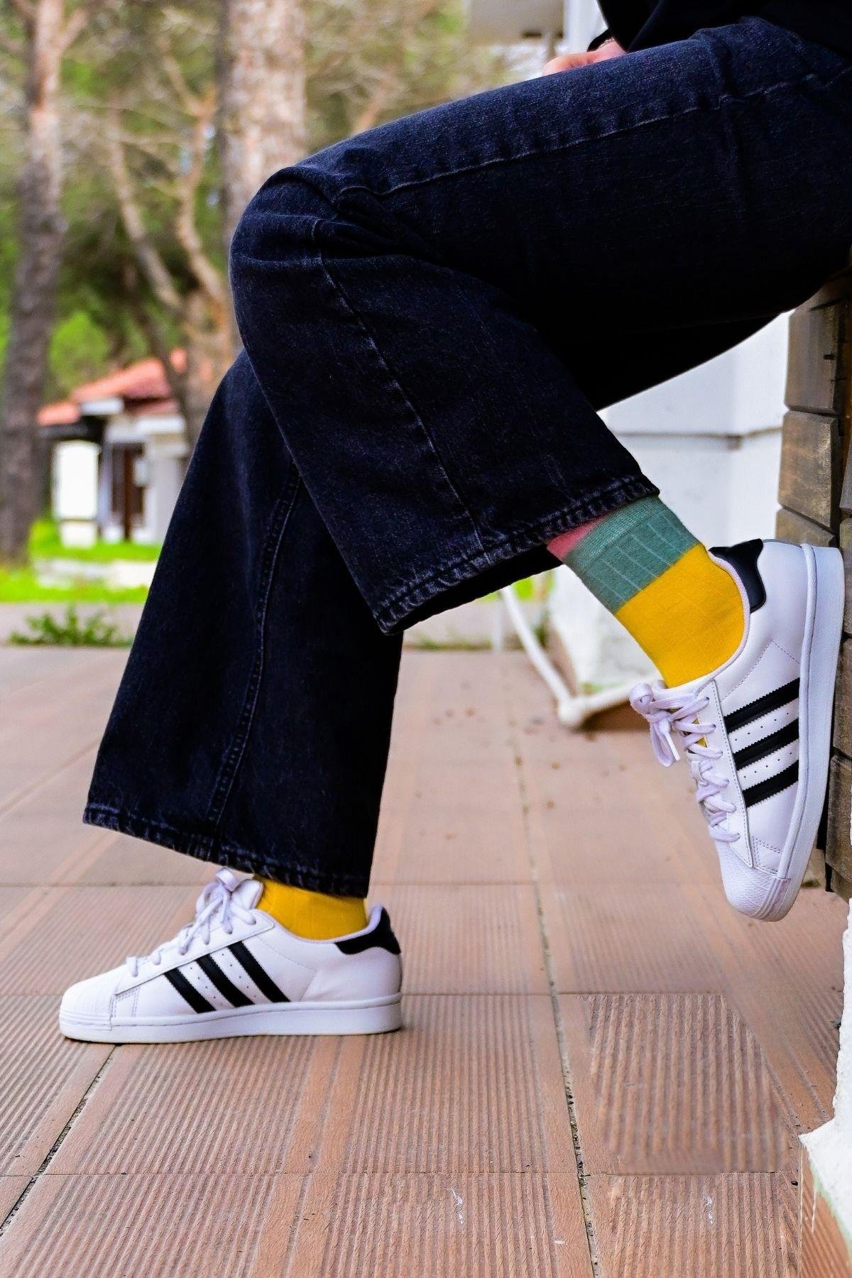 Kadın Sarı-Yeşil Blok Desenli Soket Çorap