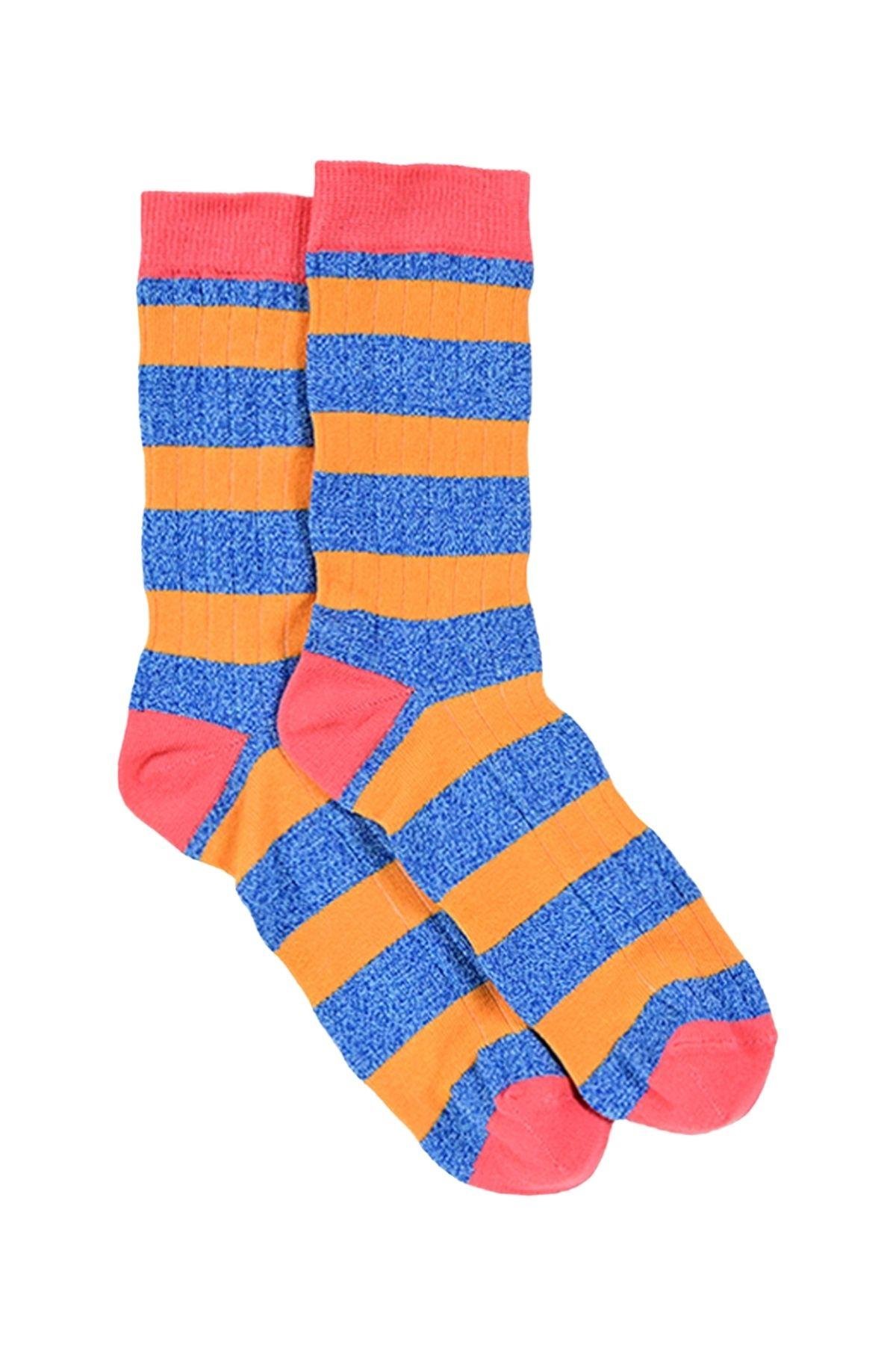 Kadın Turuncu-Mavi Çizgili Soket Çorap