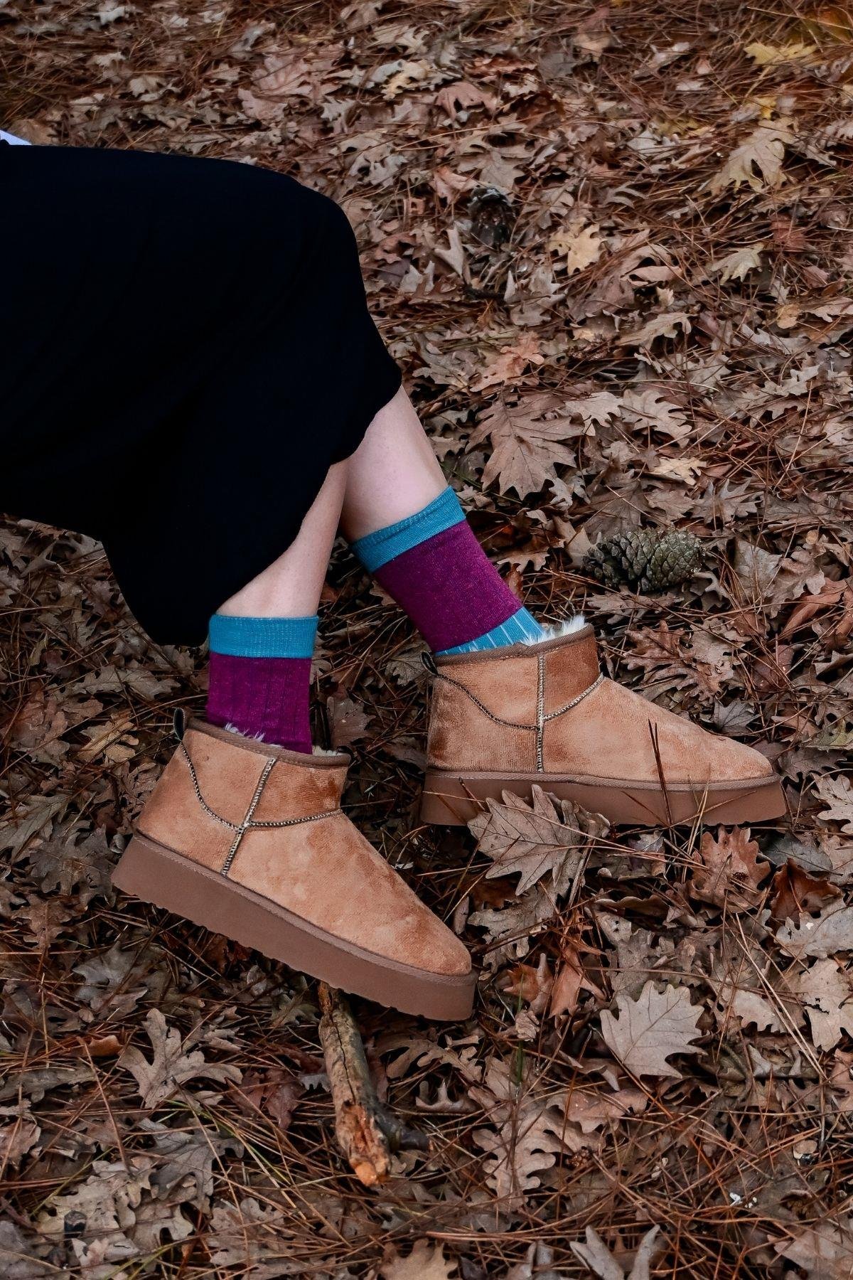 Kadın Yeşil-Bordo Blok Desenli Soket Çorap