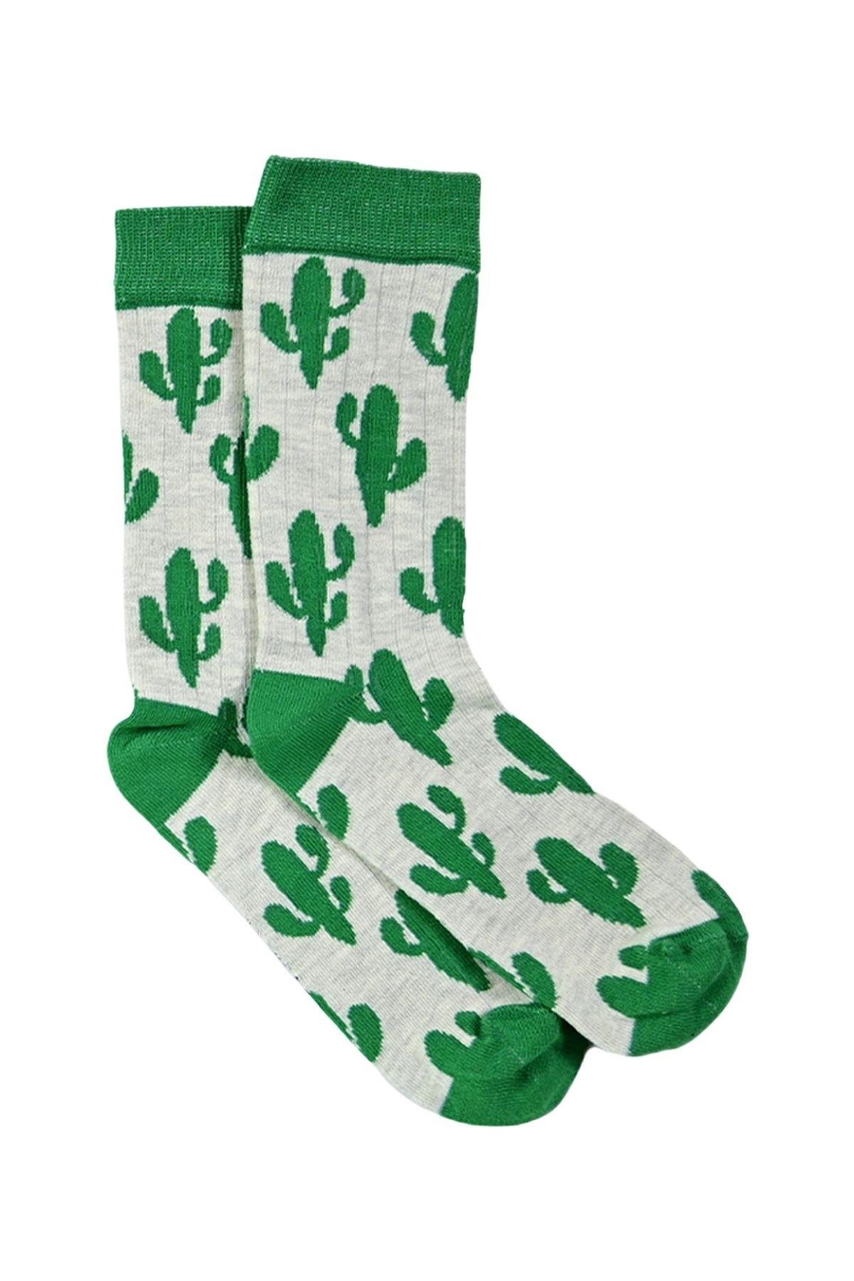 Kadın Yeşil-Gri Kaktüs Desenli Soket Çorap