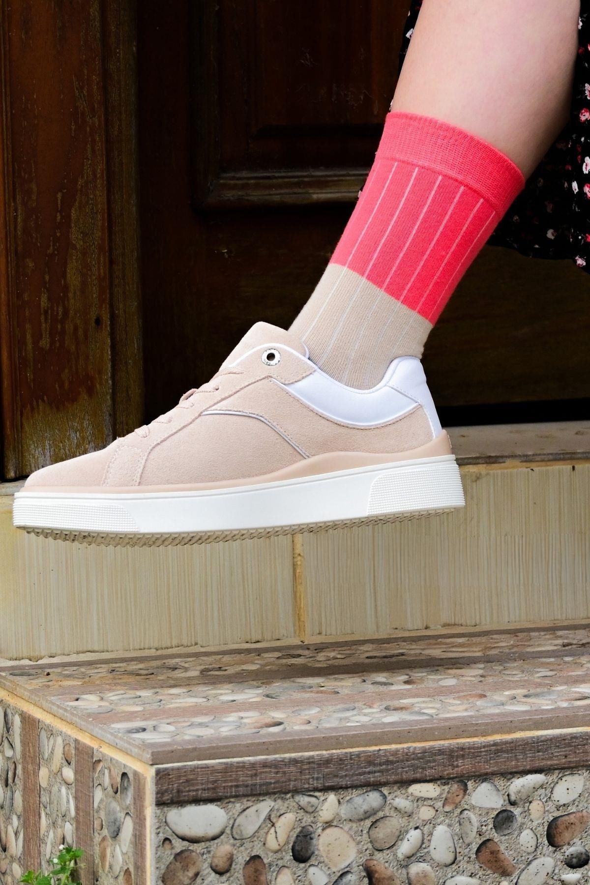 Kadın Yeşil-Krem Blok Desenli Soket Çorap