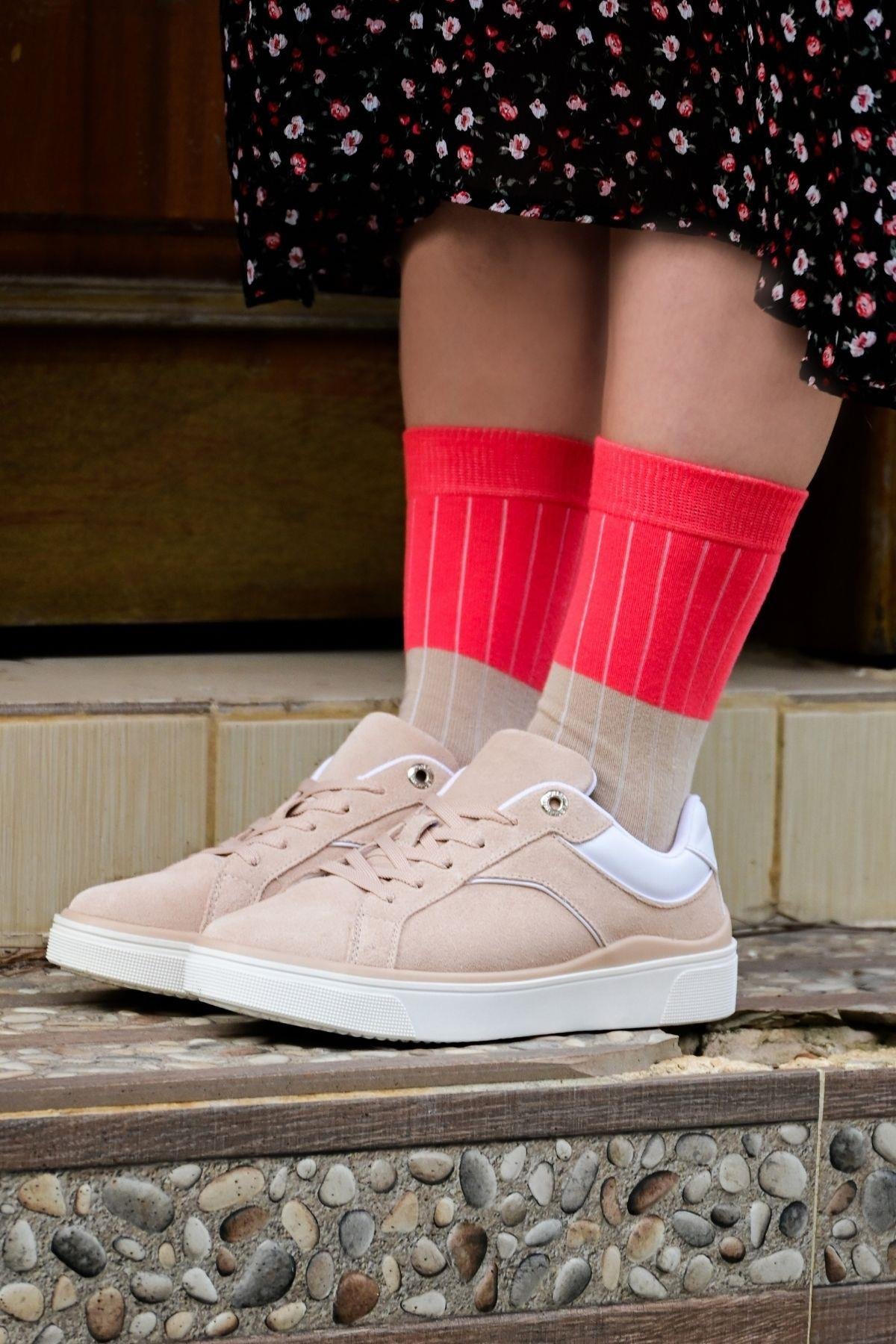 Kadın Yeşil-Krem Blok Desenli Soket Çorap