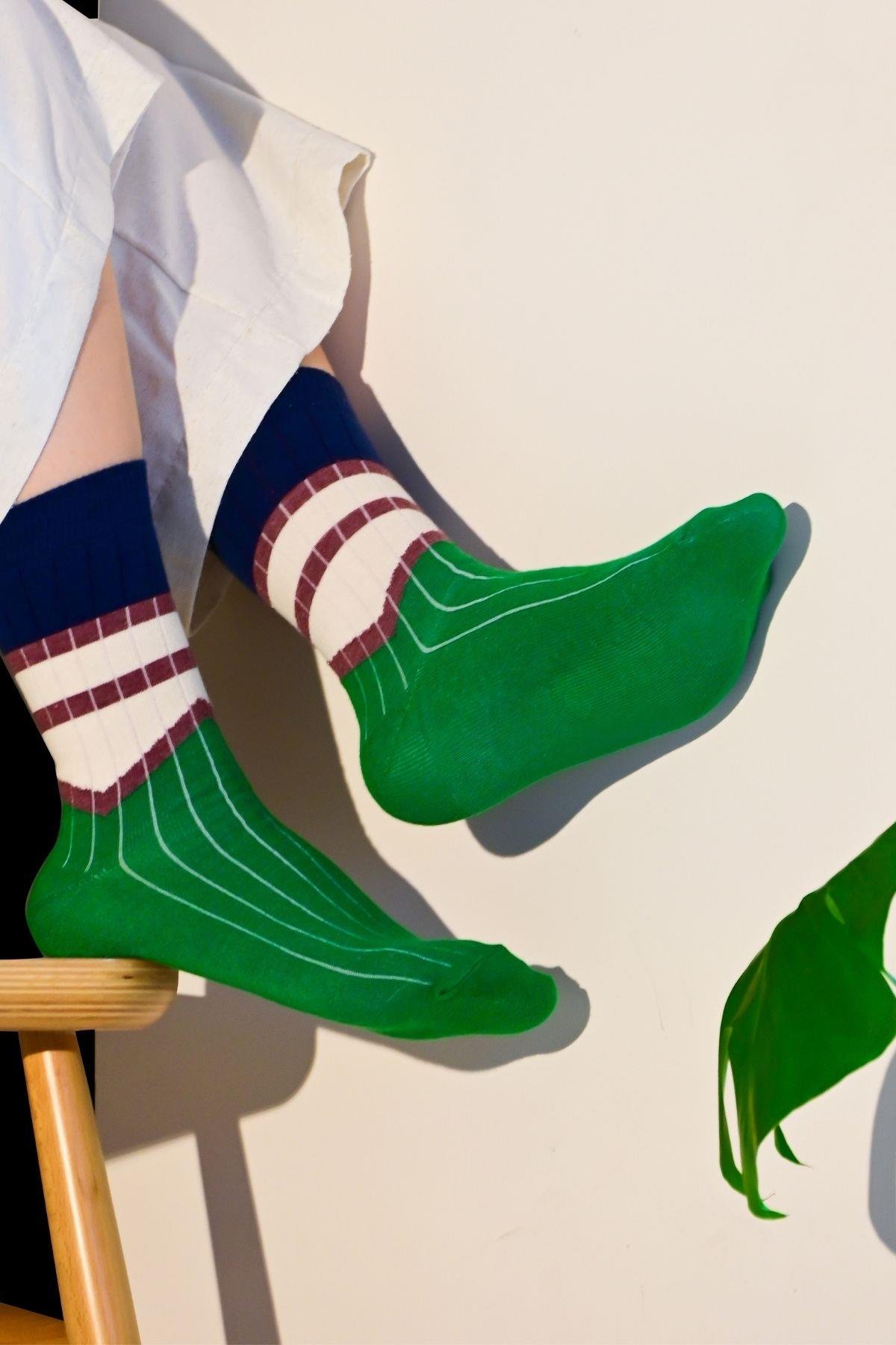 Kadın Yeşil-Lacivert Blok Desenli Soket Çorap